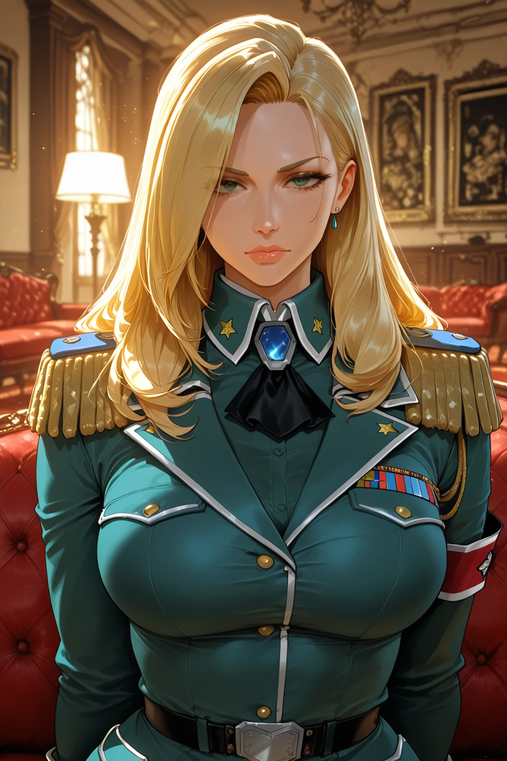USA military , full body she is waiting to make love to you, , European woman, military uniform, tight top, huge breasts, blond and long and straight hair, blue eyes 