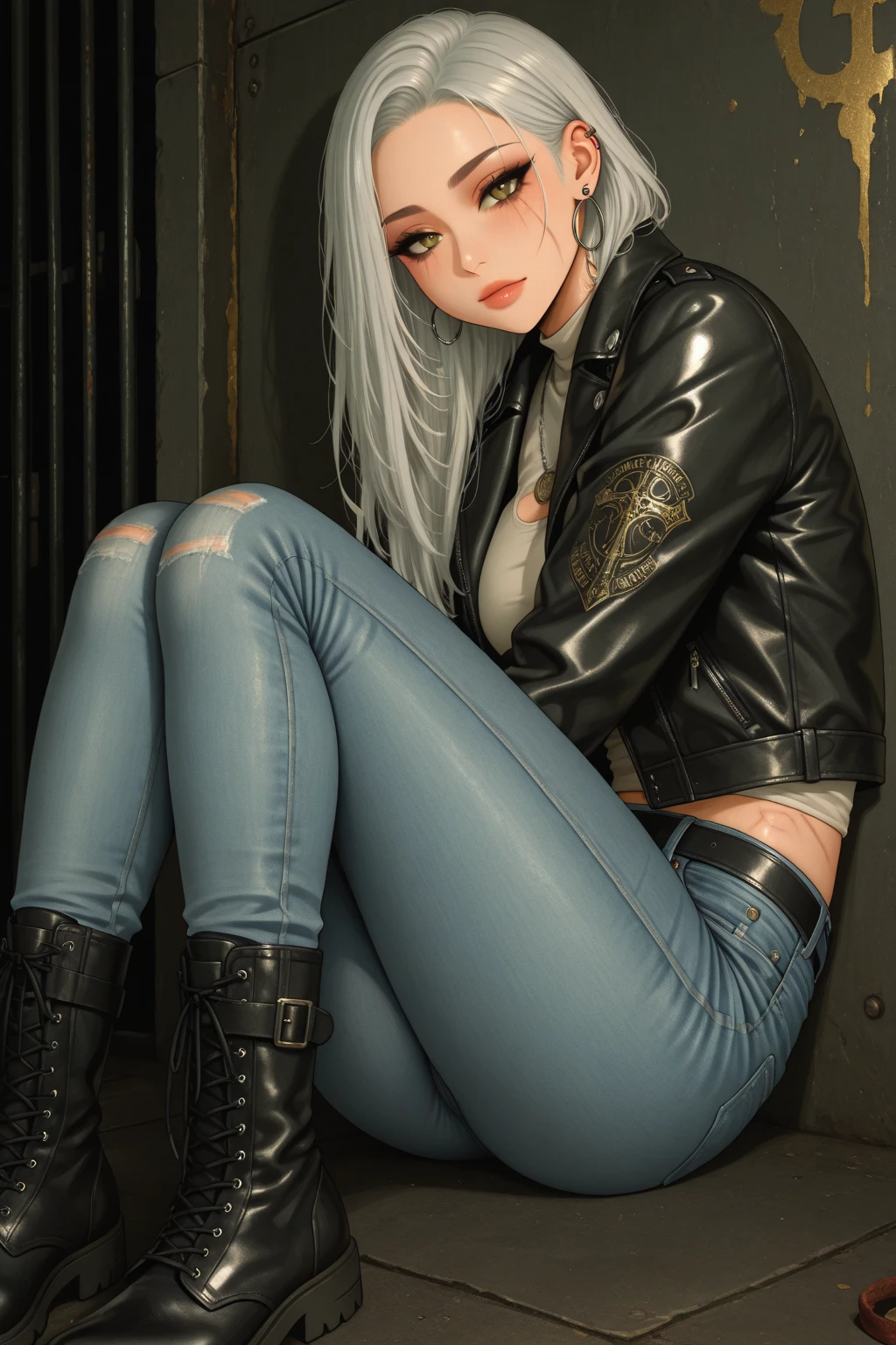 babes　a leather jacket　Leather Jean　hugetits　a blond　Smile Long Hair　beste-Qualit　​masterpiece　has silver hair　Loose socks　Super-High Resolution