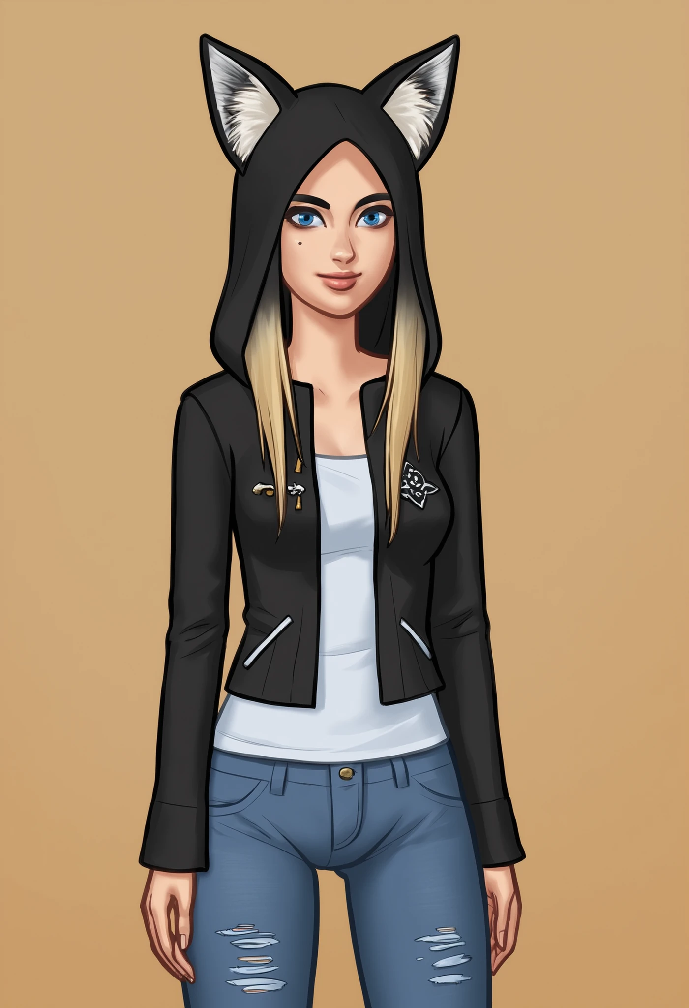 score_9, score_8_acima, score_7_acima, score_6_acima, score_5_acima, score_4_acima, ((low depth of field)),  (Designed in the style of the summer saga), (bela paisagem),
BREAK
A 200-year-old kitsune girl, with long dark hair with red tips, adorned with black fox ears on the top, blue eyes glow in the dark, highlighting your very light skin, has two long fox tails with a dark coat with an orange tip being a complete kitsune with a unique appearance, denim pants, cinto preto, casaco preto, mangas compridas, moletom com capuz, camisola escura, looking at the spectator