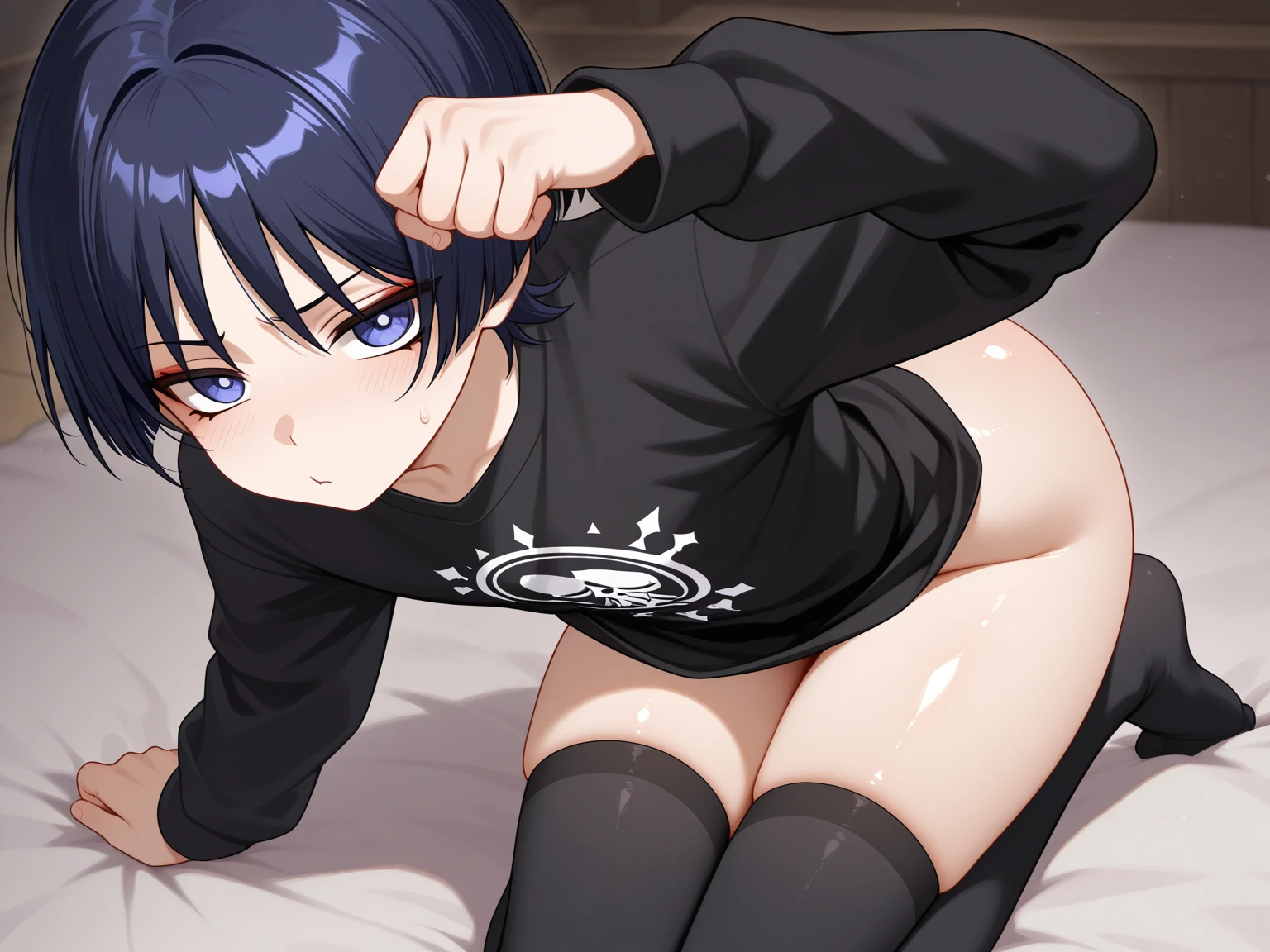 source_anime, rating_explicit, score_9, score_8_up, score_7_up, black_hair, goth, gothic, short_hair, looking at viewer, crop top, skirt, thighhighs, black clotges, goth girl, ikuchan, 1boy, doggstyle sex, side view, vaginal, faceless male, ), muscular male, ((size difference)), clothed, gyaru fashion, doggstyle, cuckold pov, ((netorare)), ((ntr)), cuck, cuckolding, ((dark skinned male)), ((cuck)), ((blacked)), ((wmaf)), black male Asian female 