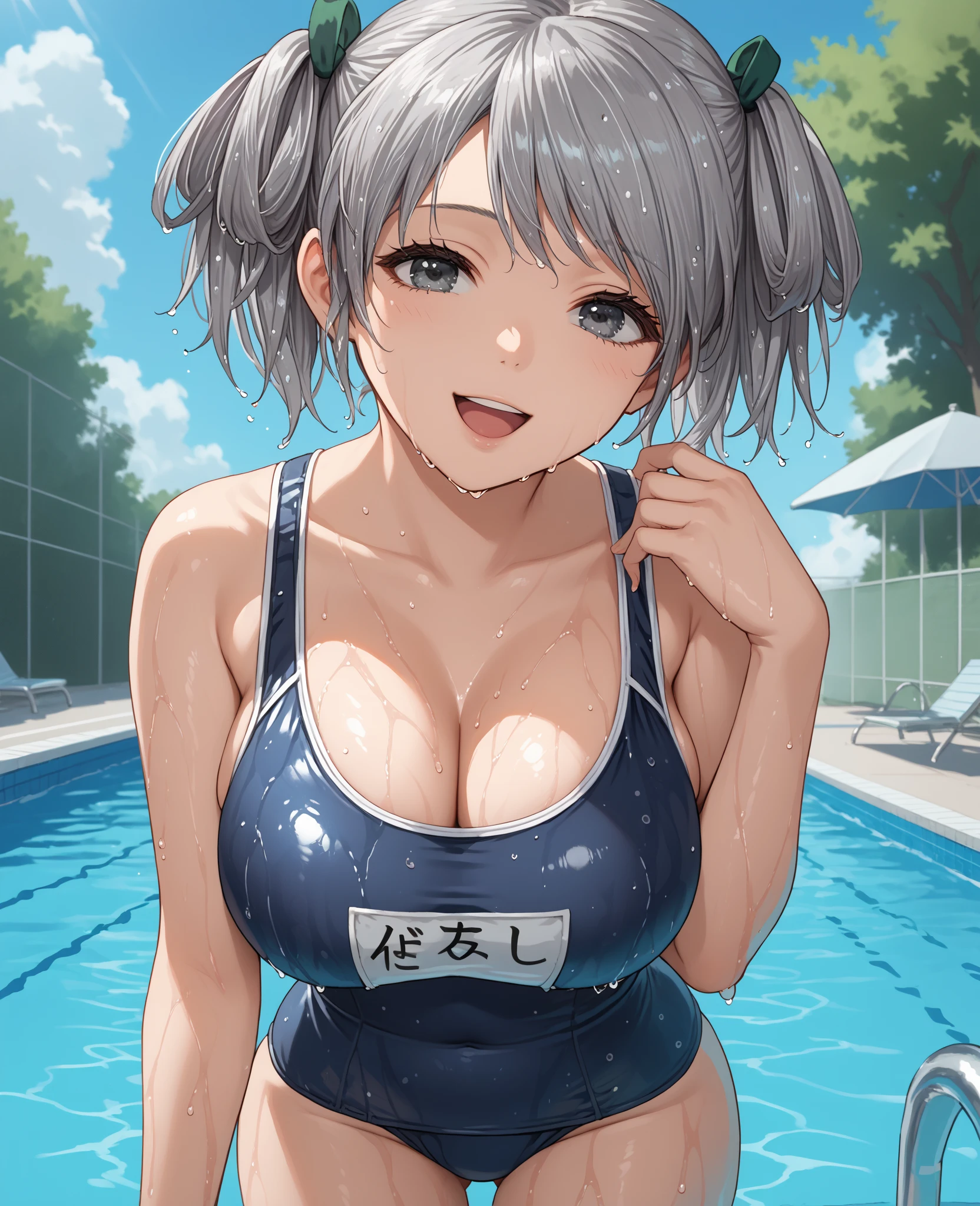 masterpiece, best quality, ultra-detailed, Potrait of beautiful , (chubby) (muscular), (plump), (sexly), (cleavage), ((tomboy)), (アニメ), (Breasts), (Plump), ((very short hair)), ((Uzaki Hana)), (overweight), (Gray Hair), ((Saggy breasts)), (blue eyes), (Short Hair), (blue eyes), ((thick)), (school swimsuits), (fullbody),(School swimsuit), (wetting), (School poolside), (Scorching Sunshine), (Light of the sun)