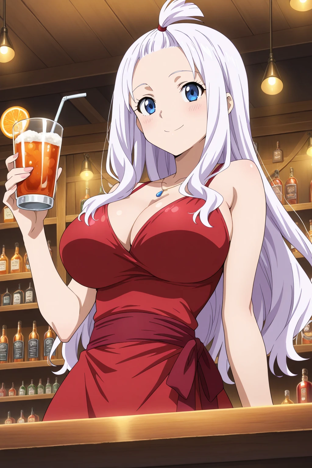 Score_9, score_8_up, score_7_up, score_6_up, score_5_up, score_4_up, source_anime, solo, 1girl, mature female, weiss schnee, dark skin, dark-skinned female, makeup, eyeshadow, Gyaru, tanned skin, shiny skin, metallic tan, colored skin, jet-black skin, saliva, grin, fang, glowing eyes, BREAK light blush, drinking glass, bar, dim lighting,