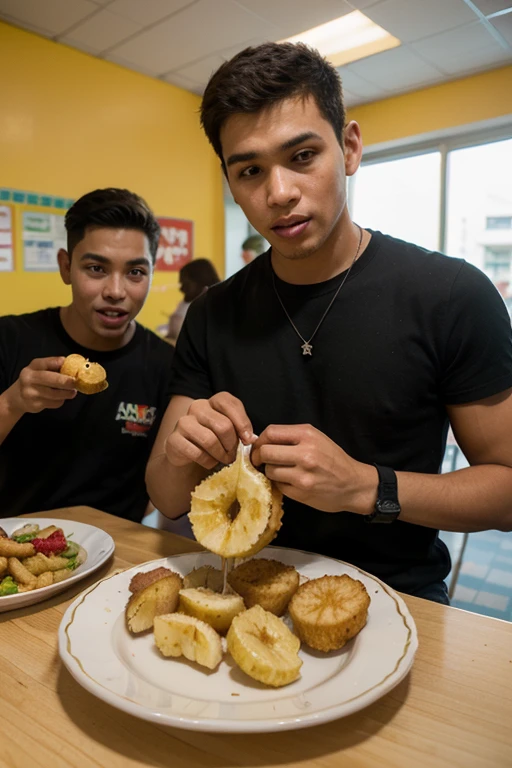 Young shirts teen boy eat banana with his athletic father