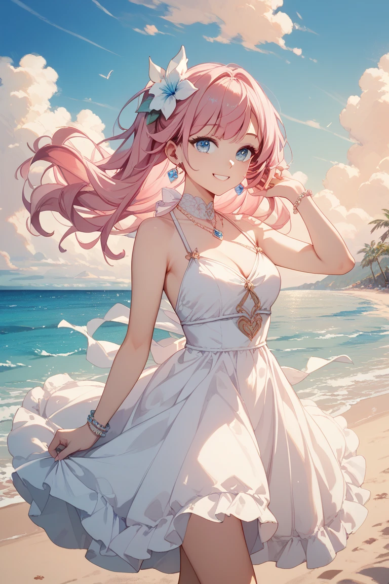 ``A beautiful woman with long pink hair and beautiful eyes wearing an elegant and detailed hawaiian dress.The dress must have intricate designs and patterns to give it a luxurious and luxurious feel.In the background , a romantic morning beach in Hawaii with the morning sun reflecting on the water surface and the sun hitting the palm trees.The entire image emphasizes the glittering effect and rainbows to enhance the magical atmosphere, and adds special frills to the dress. It makes you stand out.”