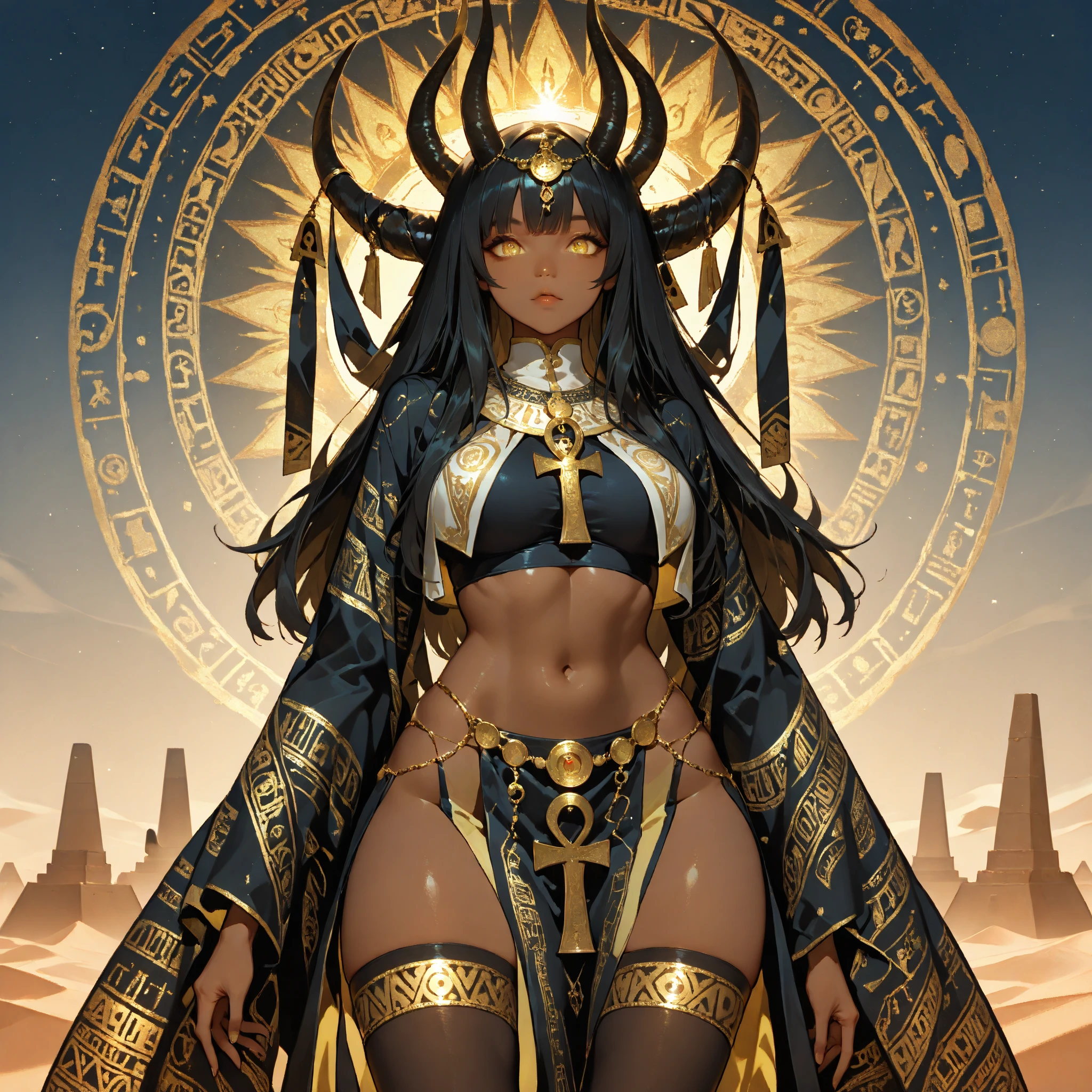 best quality, nsfw, extremely beautiful, beautiful face, long wavy dark hair, Woman Dark, Brown skin, (Shiny skin : 1.5), big breasts, long sexy black and gold dress neckline navel, black and gold breast curtains, long black and gold open front skirt, arousal pose, (extremely long necklace that goes down to the navel), 