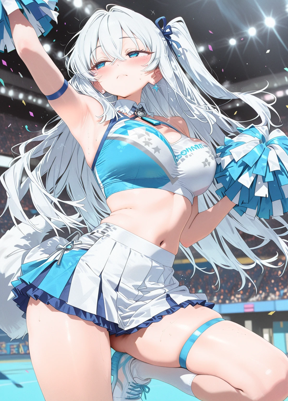 (((Masterpiece))), (((Highest quality))), ((Ultra-detailed)), ((Super fine illustration)), ((Ultra-fine painting)), (16K highest quality wallpaper:1.4), (Full body:1.4), HDR, (Highly detailed and delicate illustration style:1.8), Detailed skin texture, Detailed cloth texture, Extreme detailed description, (Highly detailed face:1.4), (Highly detailed beautiful and shiny silver twintails:1.2), (Highly delicate beautiful and clear blue eyes:1.2), Original, Intricate details, Super details, Iridescent light:1.7, Direct light:1.6
BRAKE
(Sexy), (Sexy), (22-years-old), (Solo:1.8), ((Very beautiful and attractive silver fox fashion model:1.4))
BRAKE
(Beautiful and adorable silver fox ears:1.6), (Highly detailed and delicate silver fox ears:1.2), (Beautiful and well-shaped big breasts:1.2), (Beautiful and well-shaped buttocks:1.2), (Very beautiful and shiny rainbow-colored twintails, colorful twintails:1.6), (Very beautiful and transparent blue eyes that shine in iridescent colors, colorful eyes:1.5), (Beautiful and clear blue eyes with sparkling details:1.6), (Highly detailed face:1.4), (Perfect anatomy:1.4), (Highly detailed hands:1.2), (Highly detailed fingers:1.2), (Highly detailed fingertips:1.2), (Smile:1.5), (blush:1.3), (looking at viewer:1.4)
BRAKE
((Sexy cheerleader costumes for professional baseball teams:1.4))
BRAKE
(Concept art:1.2)
BRAKE
((The background is the inside of a professional baseball stadium at night:1.4), (night time), (Highly detailed and delicate moon and starry sky), In the professional baseball stadium at night:1.2)
BRAKE
(NSFW)
BRAKE