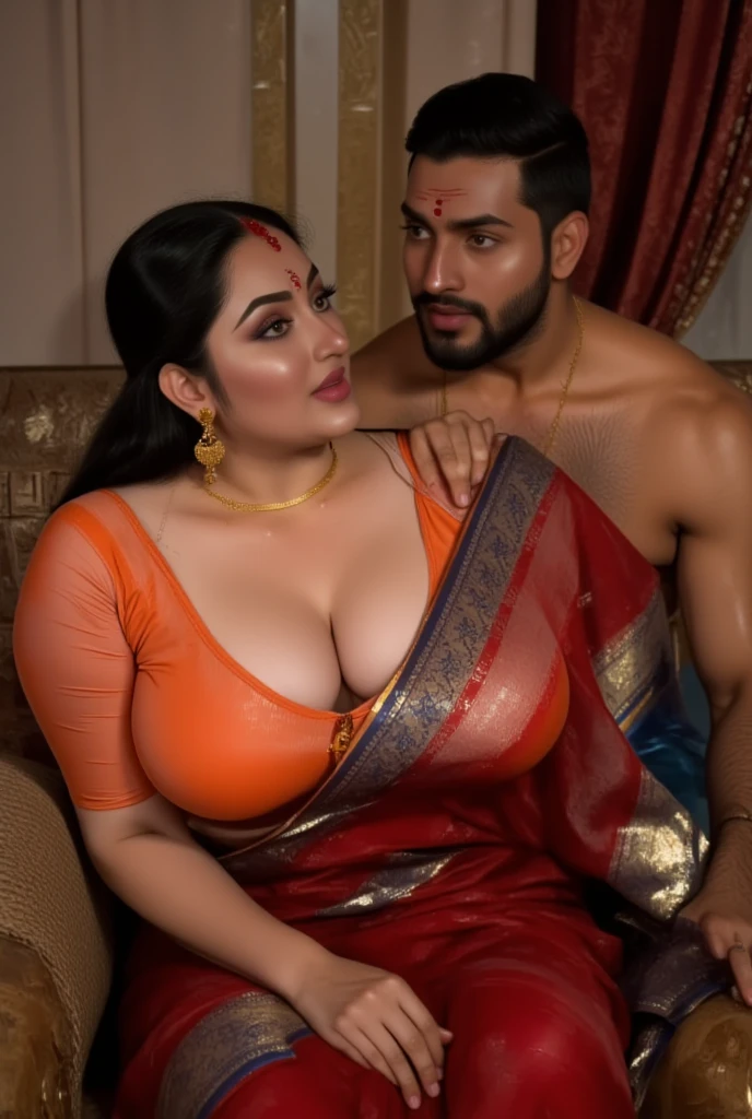 A beautiful gorgeous plump Indian 45-year-old woman wearing saree, huge breasts, cleavage, big ass, hot body curves, sitting on a 21 years old handsome man lap in bedroom, both are in passionate sexy pose, man wearing shirt and pant