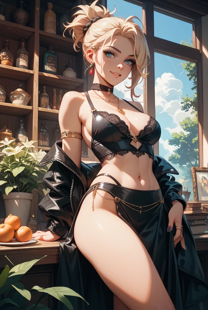 (masterpiece, Highest quality), (Ultra-high resolution, 8k RAW photos, Photorealistic:1.5, Fabric Shading, Thin contours), Beautiful mature woman preparing a tea party in the garden, (Tea set, you can, Tea cup, Some cakes on a plate), Gothic Table, (伝統的なダークブラウンのMaid clothesを着用, Maid clothes:1.2, Long Flared Skirt, apron), tall and leggy, Long white hair, Wearing borderless grass, (Mature Woman:1.5, 28 years old, alone), ( Tight waist), (Long white hair, Hair on one eye, Updo, Side Lock, Asymmetrical Hair, Wavy Hair), (Bright Eyes, Fine grain, A face with attention to detail, perfect face shape, Bloodshot eyes), (A seductive smile, Half-close your eyes), (Looking at the audience:1.3), (Dynamic Angle, Thigh focus, From side to bottom:1.2), ((Correct Anatomy:1.5, The right move)), (Ideal body proportions), Outdoor, Glass Garden, ((Garter Stockings))((black thong))