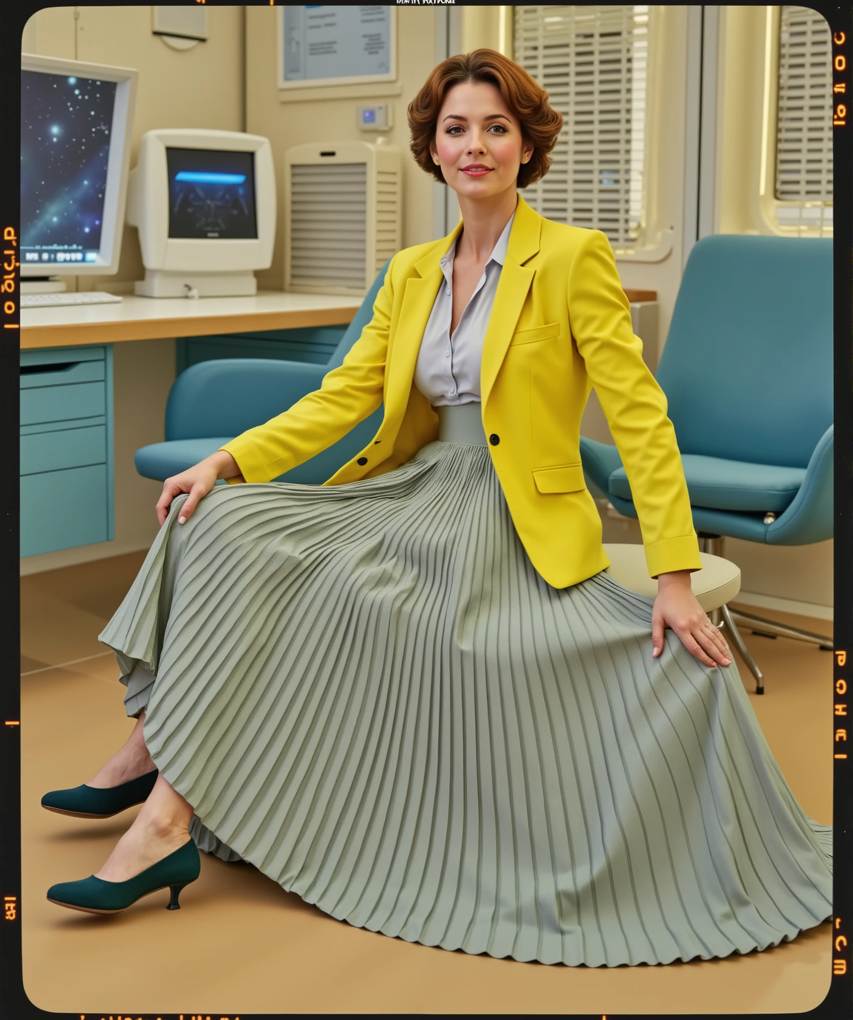 My mother's love for me is bigger than space. In an interstellar office in a spaceship, my shy, demure, mature mother, dressed in a crisp uniform jacket and a blouse, reveals her alluring feminine grace and her passionate love for me. She is wearing her favourite skirt just for me. Her long, pleated skirt flows dramatically as she seductively lifts it, expressing her lustful desire for me to come under it, each pleat a testament to the high-quality 35mm film, capturing the essence of Portra400 or Vision3 200T/500T. The skirt is meticulously pleated, with very distinctive pleats. The soft focus lens embraces her, blurring the cosmic backdrop of star-studded windows that frame her nurturing embrace. She sits on the edge of her desk, in a flirtatious posture and shyly smiling. Her low-heel shoes, modest and simple, but still feminine, and complement her skirt very well. Her gentle smile is enhanced by the warm golden light that kisses her blushed cheeks, flushed skin and glistening sweat, as she can barely contain herself. " Oh, how I need you under my skirt. I truly do, my sweet love. Oh, would you please come under it.", she pleads, desperately. The soft, seductive arch of her legs invites closeness, and her blushing cheeks and parted lips whisper promises of a passionate embrace. The spacecraft's interior, a blend of retro-futuristic elegance and modern ergonomics, is bathed in a sensual ambience that resonates with my mother's longing gaze. The composition is a masterful blend of intimate framing and the vastness of the cosmos, highlighting the stark contrast between her tender touch and the cold steel of the spaceship. The lighting, a symphony of artificial warmth and ethereal moonbeams, casts long, dramatic shadows that play upon her form, emphasizing the contours of her body and the sharp creases in her skirt. Her breasts are large and inviting. Her lips, beckoning for a kiss, form a flirtatious smile. Her eyes, filled with a mix of empathy and desire, beckon me