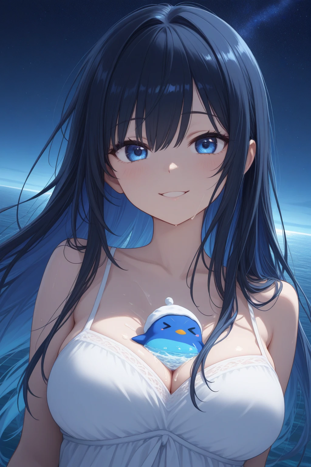 pov, , paizuri, 1girls,, ,????? between the breasts, , cleavage, , , sweat, beauty mark, , blunt bangs, medium breasts, Antarctic ice lake, penguins, penguin girl, bikini, penguin ear girl, naughty, blue hair