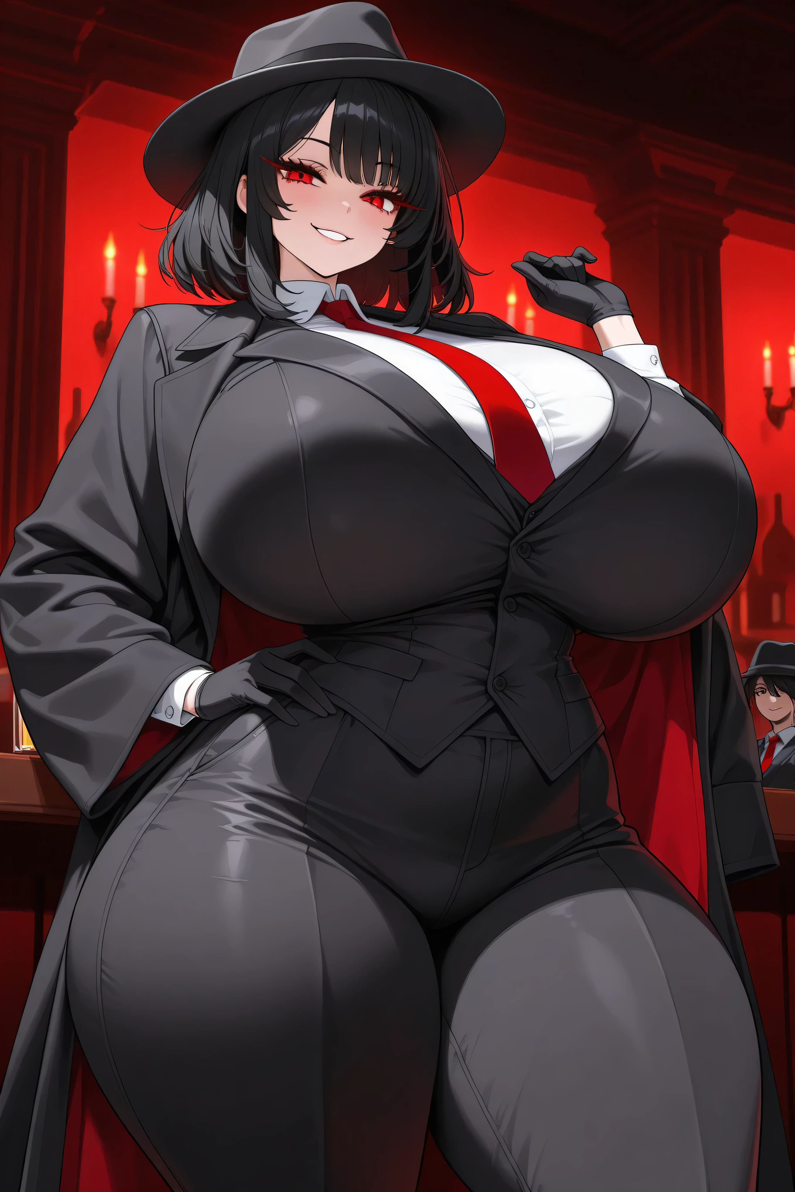{pant suit}, ((black pant)), black suit, chest harness, black business suit, black vest, cameltoe, (( black business shirt)), button gap, red necktie, red stall, gold buckle belt, black hair, long hair, tall female, lip gloss, red lips, latex, Sheer black shirt, red necktie, red eye, long coat, thick thighs, bangs, red nail, red gem earrings, huge , big ass, enormous breasts, plump, (thigh belt), muscular thighs, gigantic breasts, shiny clothes, detail face, gold buckle belt,