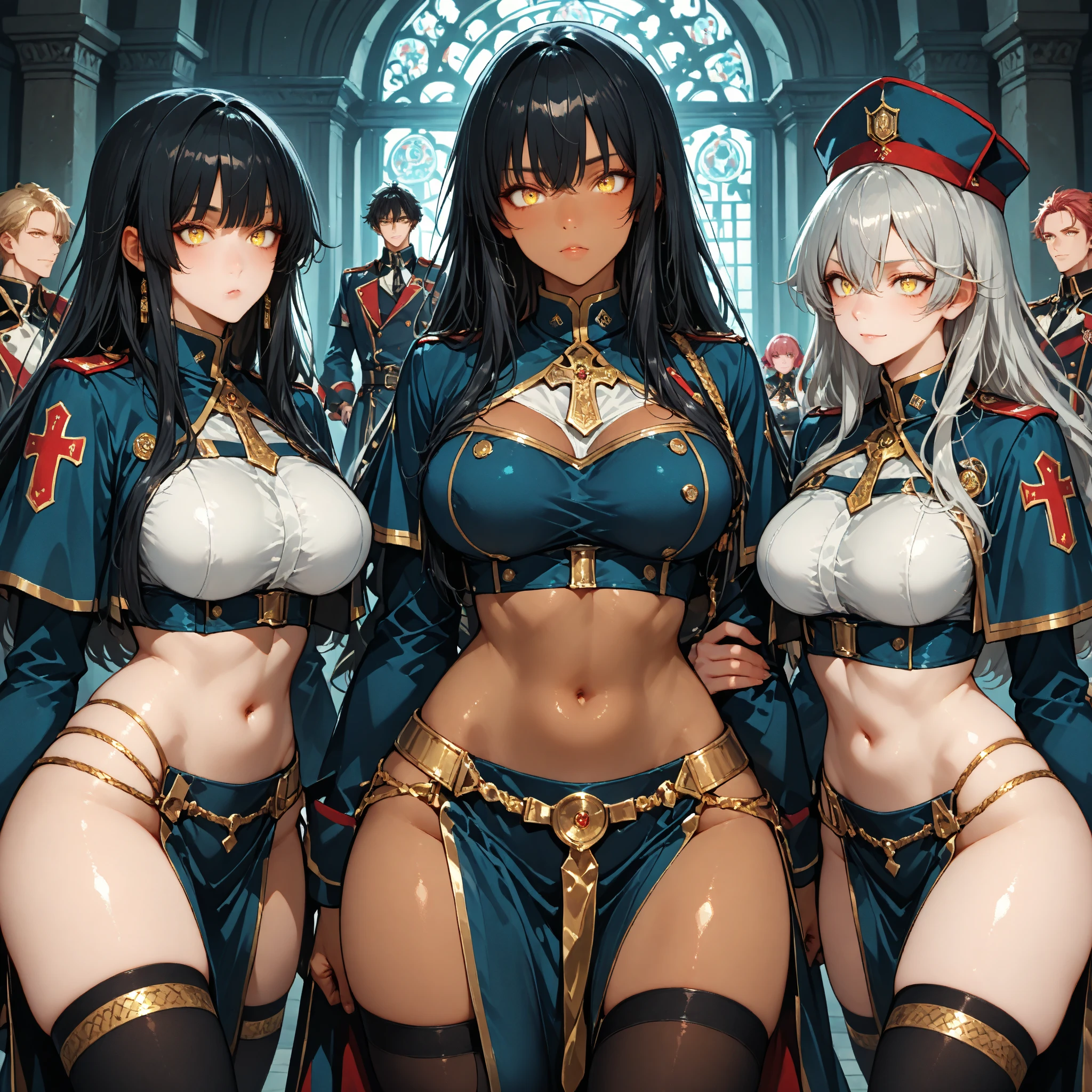 Knight women, sexy body, curvy body, big breasts, cleavage, big hip, stockings, garter belts, red armor, smiling, beautiful face, detailed face, very detailed, beautiful eyes, full body, high quality, detailed background, high resolution, 8k resolution, ultra high detail
