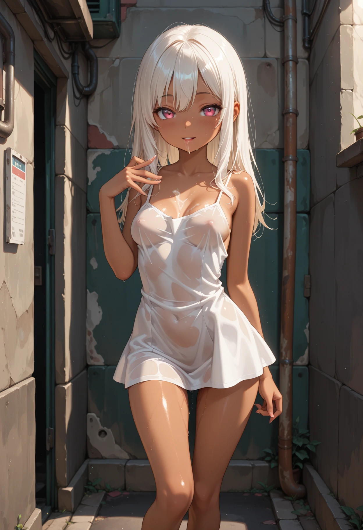 1girl, white hair, purple eyes, bob cut, wavy hair, average breasts, blush, glow, thighs, bare shoulders, collarbone, narrow waist, cleavage, (masterpiece), ahoge,(), (), wet white oversized t-shirt, no pants, see-through, after shower, wet clothes, in bathroom, no bra, no underwear,