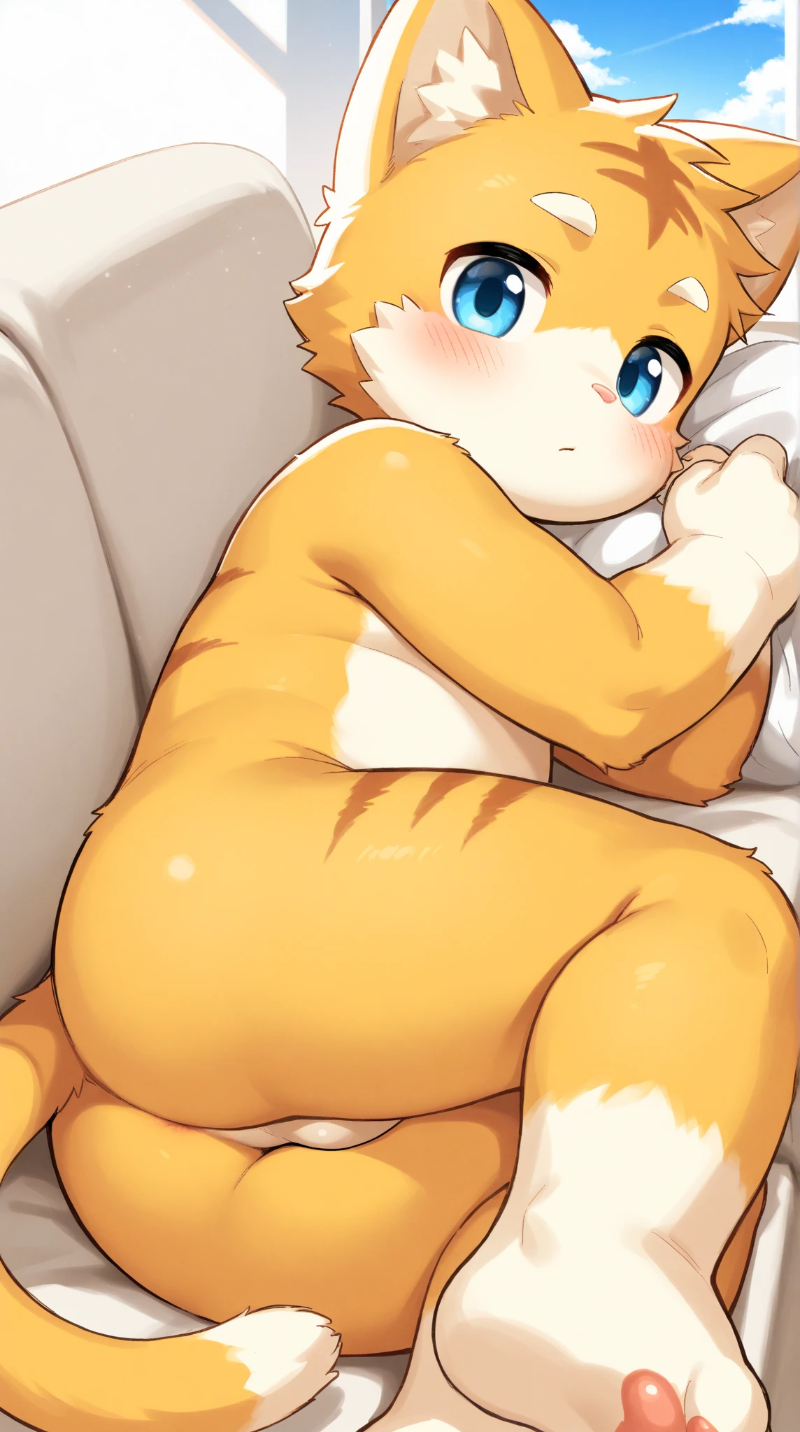 Kemoshota, (masterpiece,best quality), (Light and shadow suitable for any pillow background)), Naked,White,furry boy, Nature,, (blush),a smile,Pillow Head,(Lots of pillows),Soft cushion,(canopy bed),Soft pillow quotation,(Pillow damage),Lots of pillows,(Crotch rubbing),((Pillow Hump)),(Pillow Head),(A tail),,(Pink pillow),(Love around the protagonist),Steam,(Pillow Head),(Luxury pillows),(Palace pillow pattern pillow),(palace),(Palace bedroom),(Gorgeous pattern pillow),Soft pillows,,(Classical European style bedroom ),(excited,shy person,Lack of expressiveness,),,pillow humping, tiger tail,tiger ears,Tiger pattern,Sweat,liquid,Sweaty,Body swing,Shaking lines,open mouth,Tongue (Furry tiger boy), Standing,Facing the camera, ((Melancholy, Detailed face, Clear big eyes,blue eyeeticulous attention to detail)), Natural and soft lighting, 8K, SF Express, Autumn Light , peaceful , (Fluffy Paws),