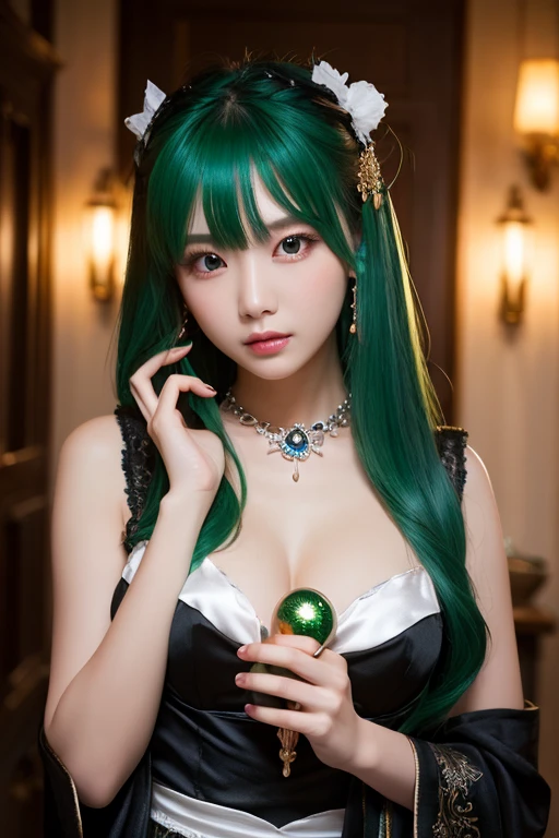 highest quality masterpiece 8K Ultra-detailed Face Beautiful woman with yellow-green hair Black bunny girl costume High leg Black bow tie