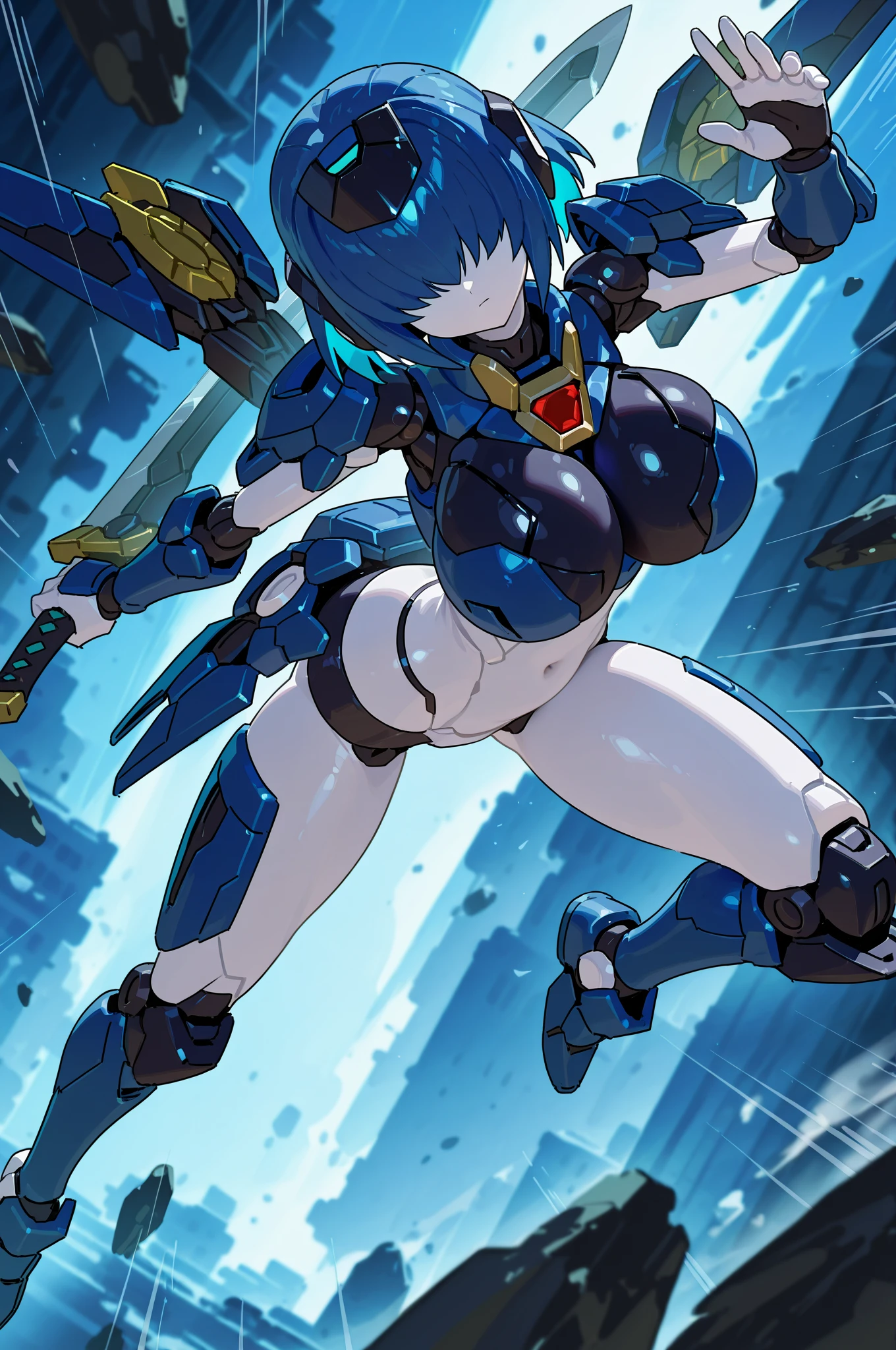 One woman in her 20s、Female Superheroes、Super big breasts、Stylish、Plump legs、Blue Hair、long hair、Tie around the neck、Long sideburns、Bunny suit style hero costume、With chest illumination、High leg、Helmet、Mecha rabbit ears、tights、Lace-up boots、Finger piercing gloves、Fighting Pose