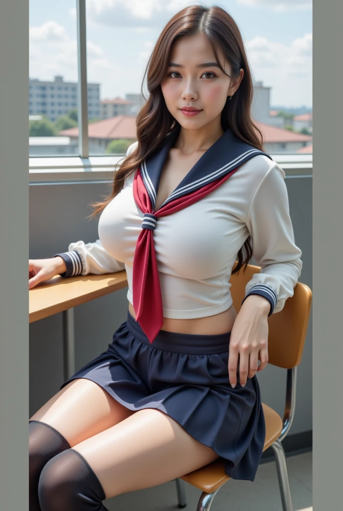 (8K、RAW Photos、top-quality、masterpiece:1.2)、(realisitic、Photorealsitic:1.37)、女の子1人、japanes、18year old、femele、Classroom、natta、profetional lighting、Photon mapping、torn、Colossal tits、The tips of the knitted, which are pure white and very small in size, stick out、areola protruding、The shape of the pubic area is clearly visible、gals、Lots of lashes、Lame on the eyelids、Pitch black lip、Pitch black heels、pubick hair、the lower abdomen bristles、A slender、crotch open、My are big and are about to spill out of my bra、Very much pubic hair、pubic hair is very protruding、((Tight sailor suit、Short pleated skirt,No hat、Thin fabric))、maroon short hair