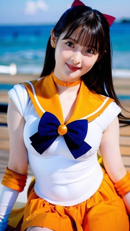 Anime - style image of woman in sailor suit sitting by the pool, sailorvenus、sunflowers in the background、 Beautiful, anime goddess, Very detailed ArtGerm, highly detailed exquisite fanart,Super Mini Orange Skirt、White panty、 portrait knights of zodiac girl, Open legs、full open legs、golden aura, Seductive Anime Girl, Anime girl cosplay, Anime Barbie in white stockings, by Sailor Moon, ! Dream ArtGerm, marin kitagawa fanart