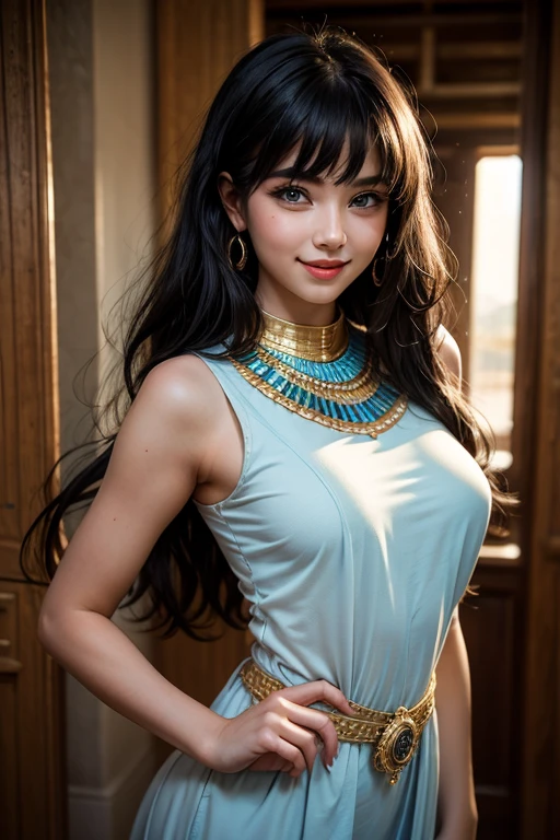 Cleopatra from Egypt blue eyes evil face she is beautiful she has big breasts Egyptian outfits on her face white skin rosy nose short black hair hand on mouth sexy looks desudor perfect smile caressing with rings and holding grapes