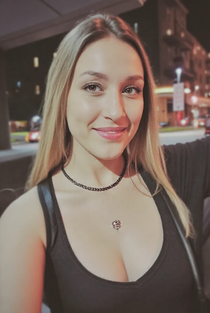 20 years old, pure beauty, Danfeng Eyes, double eyelids, lying silkworm, long eyelashes, black eyes, dark black hair, graceful body, Showing slender waist, casual shirt, new perfect denim, face highlight, Smile, look at me, Half-length photo, background, city night view, Tyndall Wright, Filter rendering, Ultra-fine, HD, HD, HD picture quality, detail, 18k ultra HD resolution, top effects, masterpiece, Half-length photos.