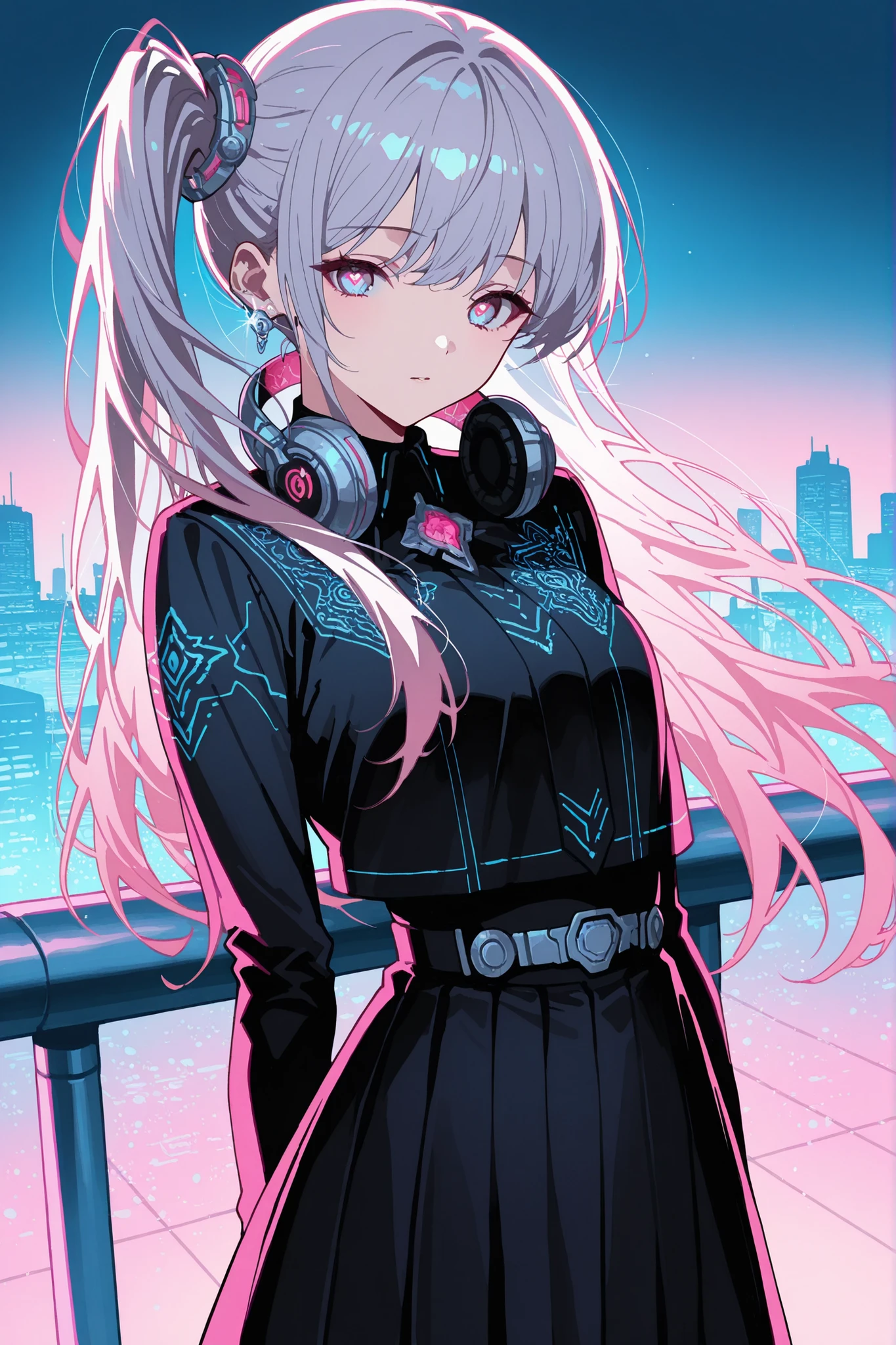 score_9,score_8_up,score_7_up, 1girl, 17 years old, beautiful woman, beautiful face
BREAK
A teenage girl leaning against a rooftop railing at dusk, her silhouette outlined by the fading sun and distant neon glow. Her near-future uniform features layered dark fabrics with silver piping and soft pink circuitry embroidery. Her hair is dyed in a striking pink-to-sky-blue gradient, tied into a loose side ponytail that falls over her shoulder. A pair of large black and silver headphones hangs around her neck, reflecting a faint glint of city light. She wears subtle pink and silver mechanical accessories: an ear cuff shaped like circuitry and thin wristbands that softly pulse with light. Her gaze is slightly downcast, and her digital eyes shimmer with delicate heart-shaped motifs overlaid with circuits, hinting at unspoken emotions. Captured in a cinematic close-up, the composition emphasizes the soft wind in her hair, the texture of her uniform, and the shadowy ambiance that surrounds her.,