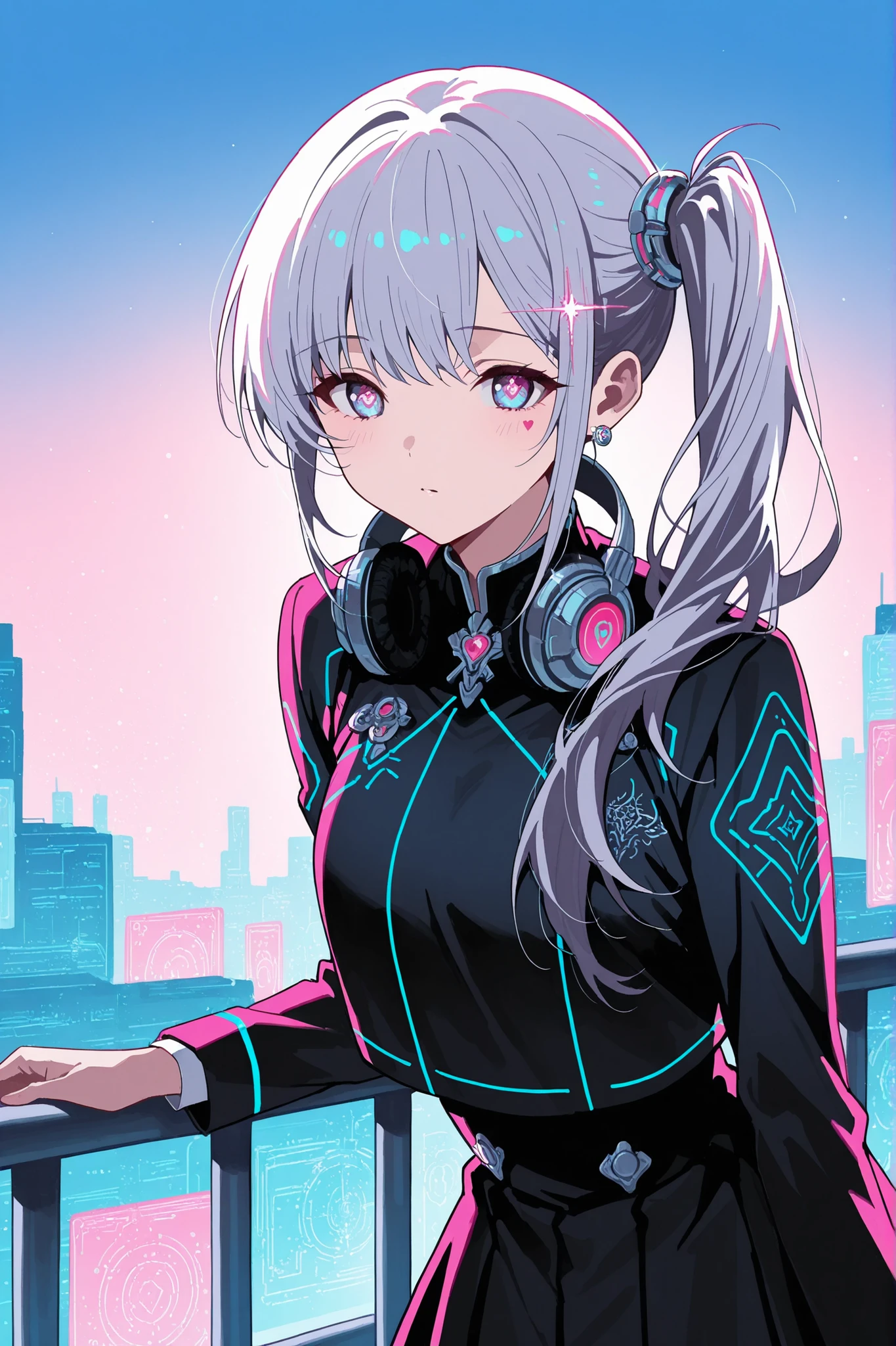 score_9,score_8_up,score_7_up, 1girl, 17 years old, beautiful woman, beautiful face
BREAK
A teenage girl leaning against a rooftop railing at dusk, her silhouette outlined by the fading sun and distant neon glow. Her near-future uniform features layered dark fabrics with silver piping and soft pink circuitry embroidery. Her hair is dyed in a striking pink-to-sky-blue gradient, tied into a loose side ponytail that falls over her shoulder. A pair of large black and silver headphones hangs around her neck, reflecting a faint glint of city light. She wears subtle pink and silver mechanical accessories: an ear cuff shaped like circuitry and thin wristbands that softly pulse with light. Her gaze is slightly downcast, and her digital eyes shimmer with delicate heart-shaped motifs overlaid with circuits, hinting at unspoken emotions. Captured in a cinematic close-up, the composition emphasizes the soft wind in her hair, the texture of her uniform, and the shadowy ambiance that surrounds her.,