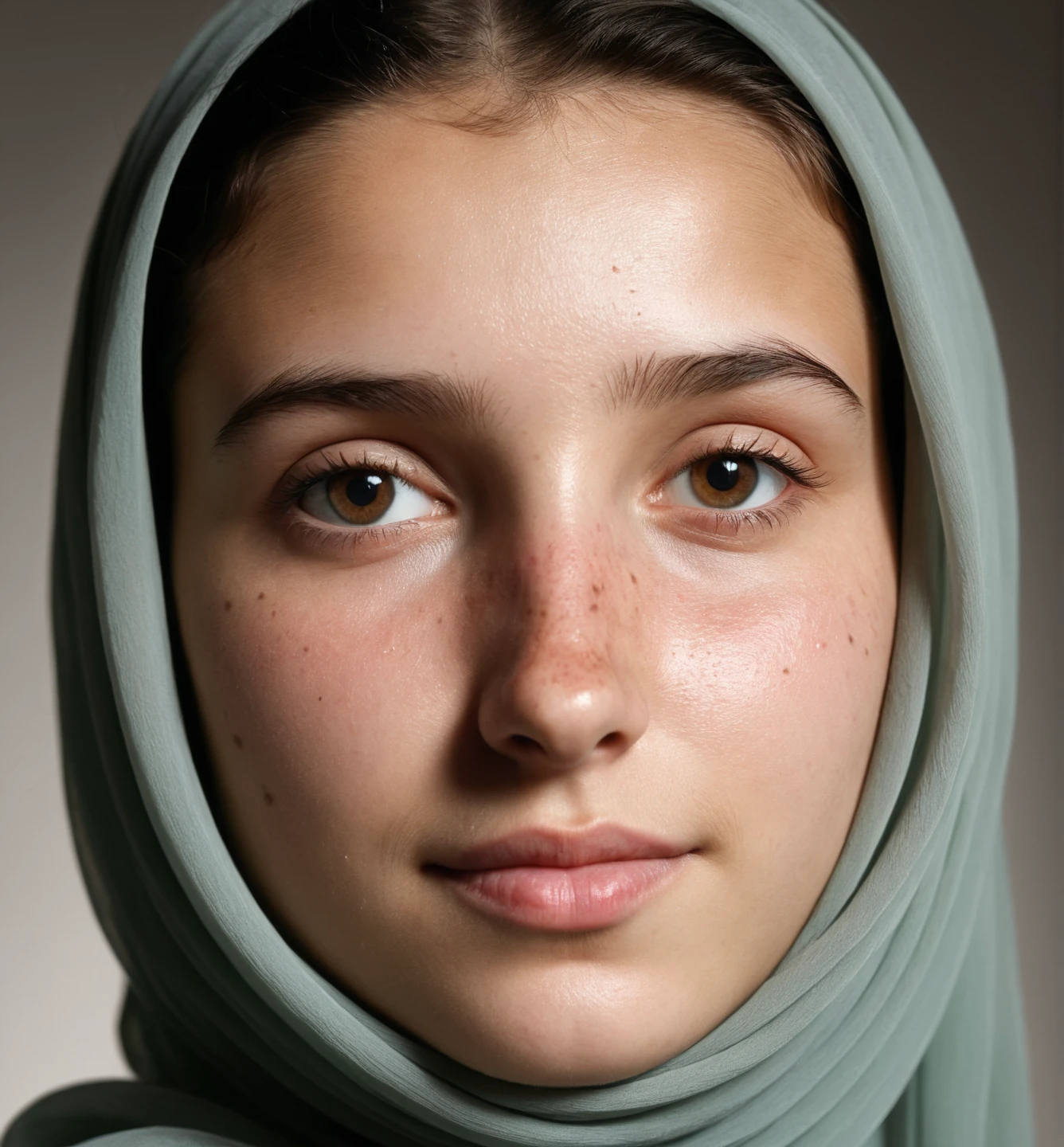 Ugly pale skin Kurdish girl straight hijab nude arm nude shoulder breasts standing in bathroom hairy body hairy arms thick black eyebrows green eyes 