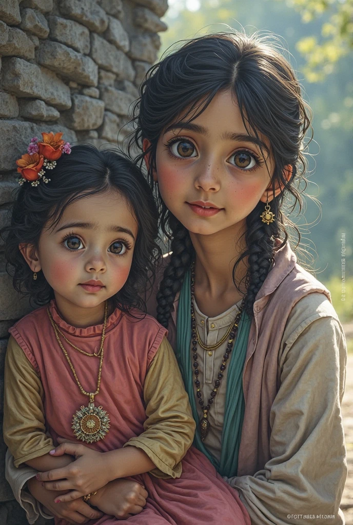 Raising baby boy being held by an adult woman with straight dark hair red paint on her face looking like a leaf Indian looking forward