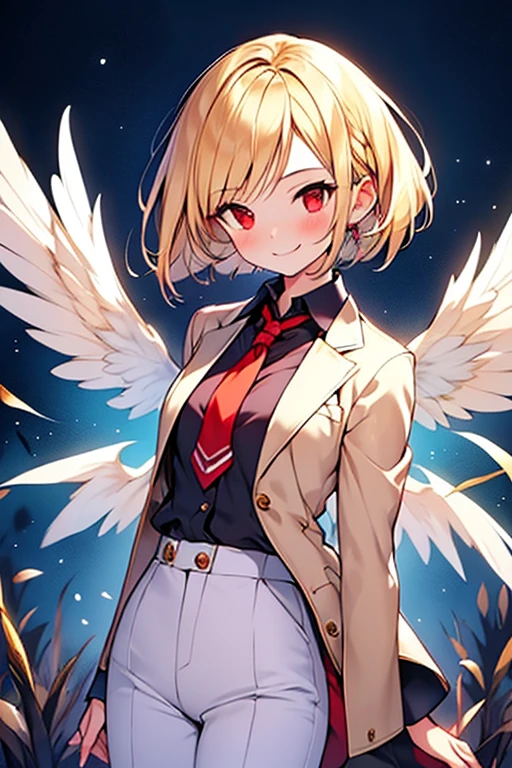 A small boy, wearing white suit, red tie, purple short hair, wearing two belts, sitting on legs, has angel wings, yellow halo