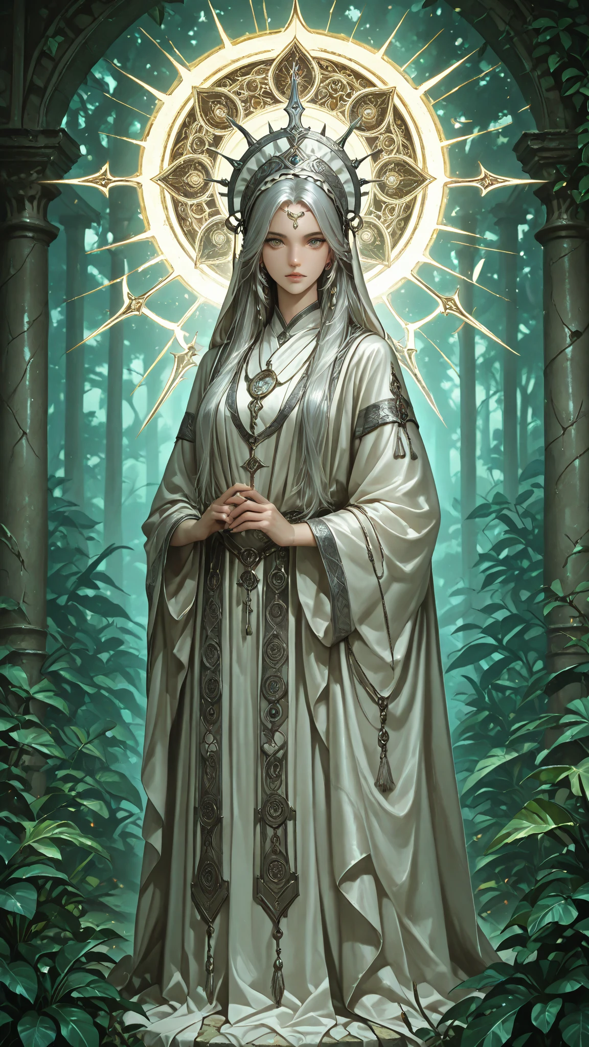 majestic artemis between Corinthian columns, silver crescent headdress, flowing hunting robe with divine patterns, bow and arrow made of bright silver, lush vegetation between ancient temples, holy deer in the background, dramatic twilight, mystische Aura