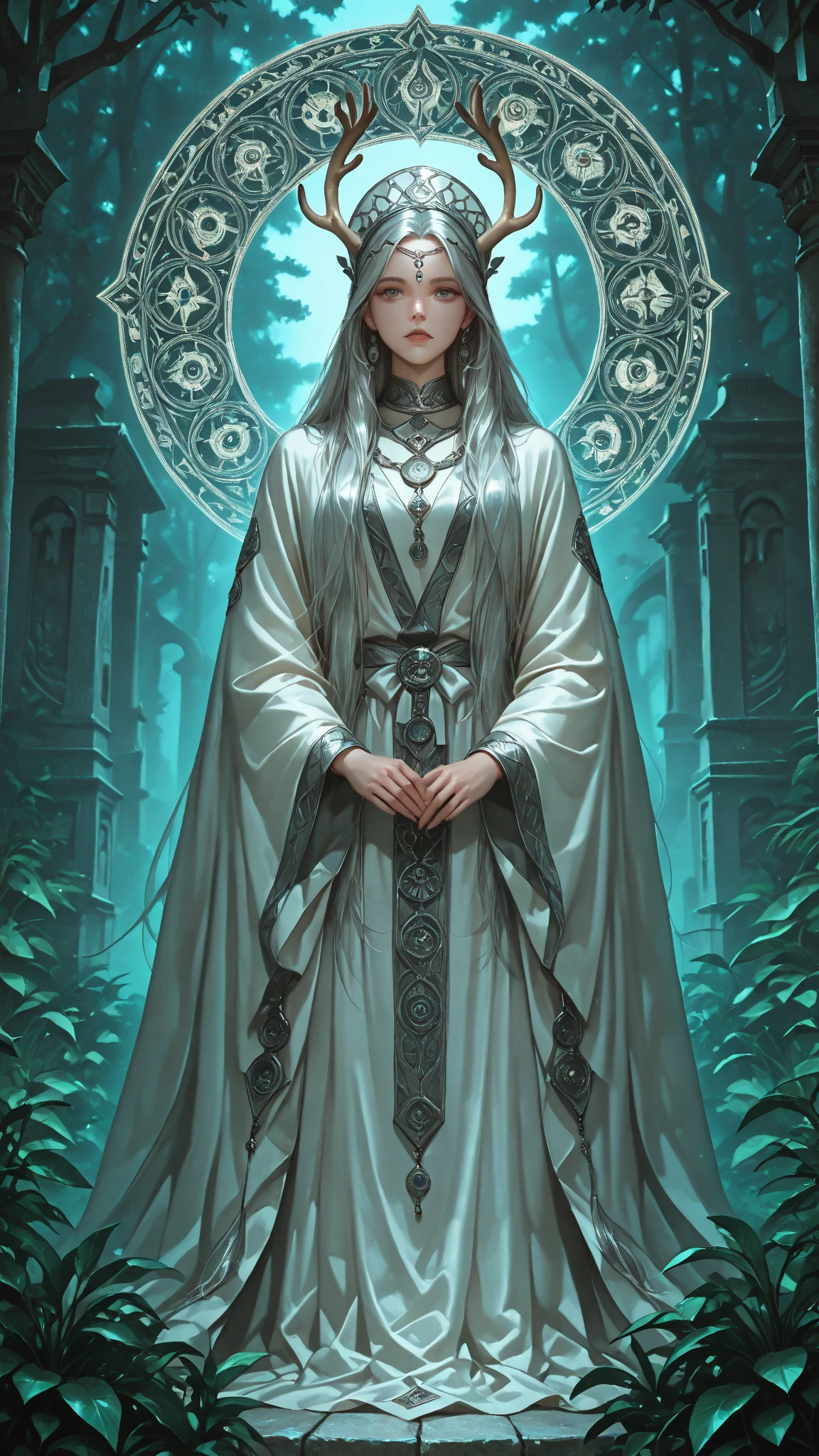 majestic artemis between Corinthian columns, silver crescent headdress, flowing hunting robe with divine patterns, bow and arrow made of bright silver, lush vegetation between ancient temples, holy deer in the background, dramatic twilight, mystische Aura