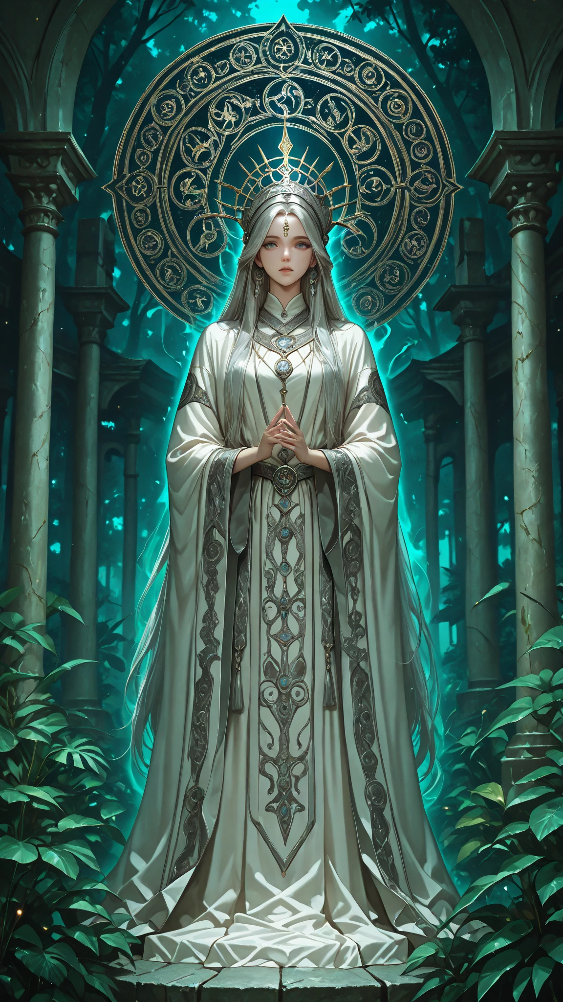 majestic artemis between Corinthian columns, silver crescent headdress, flowing hunting robe with divine patterns, bow and arrow made of bright silver, lush vegetation between ancient temples, holy deer in the background, dramatic twilight, mystische Aura