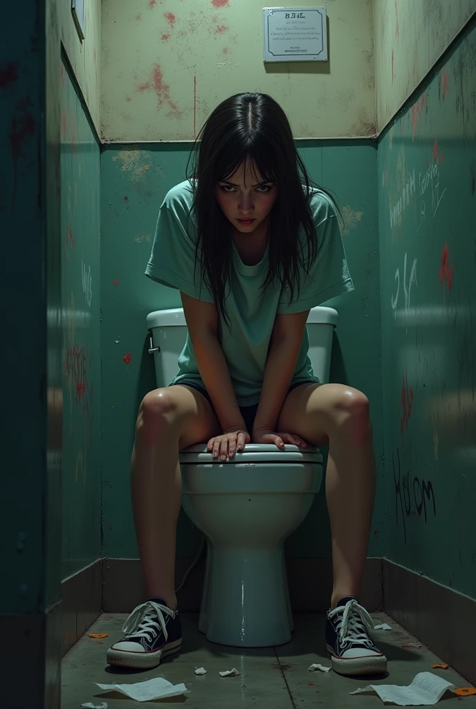 (A teen girl is urgently peeing on a urinal in the men’s restroom) (Realistic) sitting on on a urinal peeing (pants and underwear pulled down under legs)