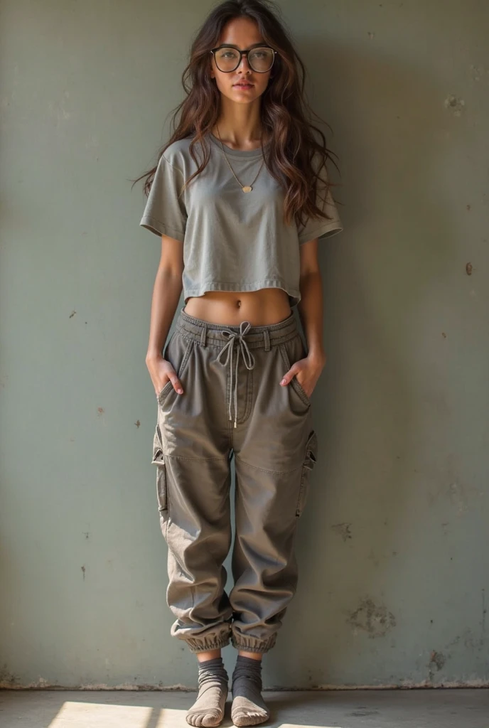 young woman, straight brown hair, dark and tanned skin, wearing a white top and beige cargo pants, Ao fundo, a wall with graffiti at night, wearing a collar with a dog tag