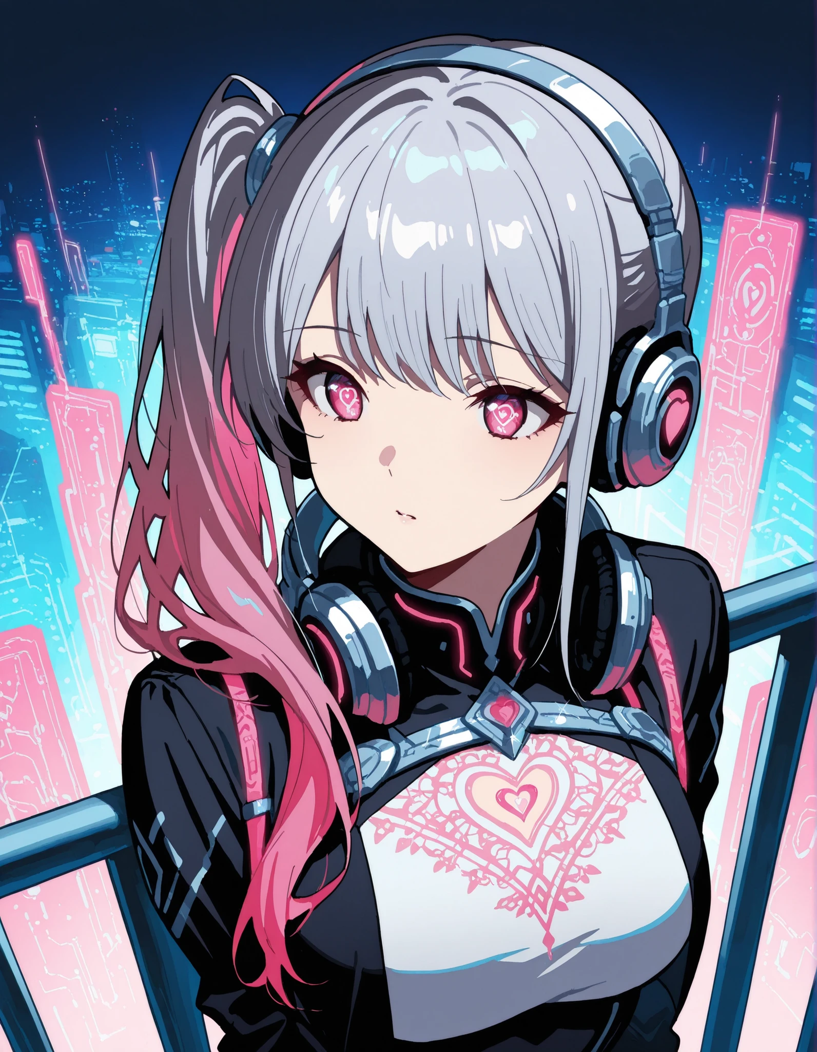 score_9,score_8_up,score_7_up, 1girl, 17 years old, beautiful woman, beautiful face
BREAK
A teenage girl leaning against a rooftop railing at dusk, her silhouette outlined by the fading sun and distant neon glow. Her near-future uniform features layered dark fabrics with silver piping and soft pink circuitry embroidery. Her hair is dyed in a striking pink-to-sky-blue gradient, tied into a loose side ponytail that falls over her shoulder. A pair of large black and silver headphones hangs around her neck, reflecting a faint glint of city light. She wears subtle pink and silver mechanical accessories: an ear cuff shaped like circuitry and thin wristbands that softly pulse with light. Her gaze is slightly downcast, and her digital eyes shimmer with delicate heart-shaped motifs overlaid with circuits, hinting at unspoken emotions. Captured in a cinematic close-up, the composition emphasizes the soft wind in her hair, the texture of her uniform, and the shadowy ambiance that surrounds her.,