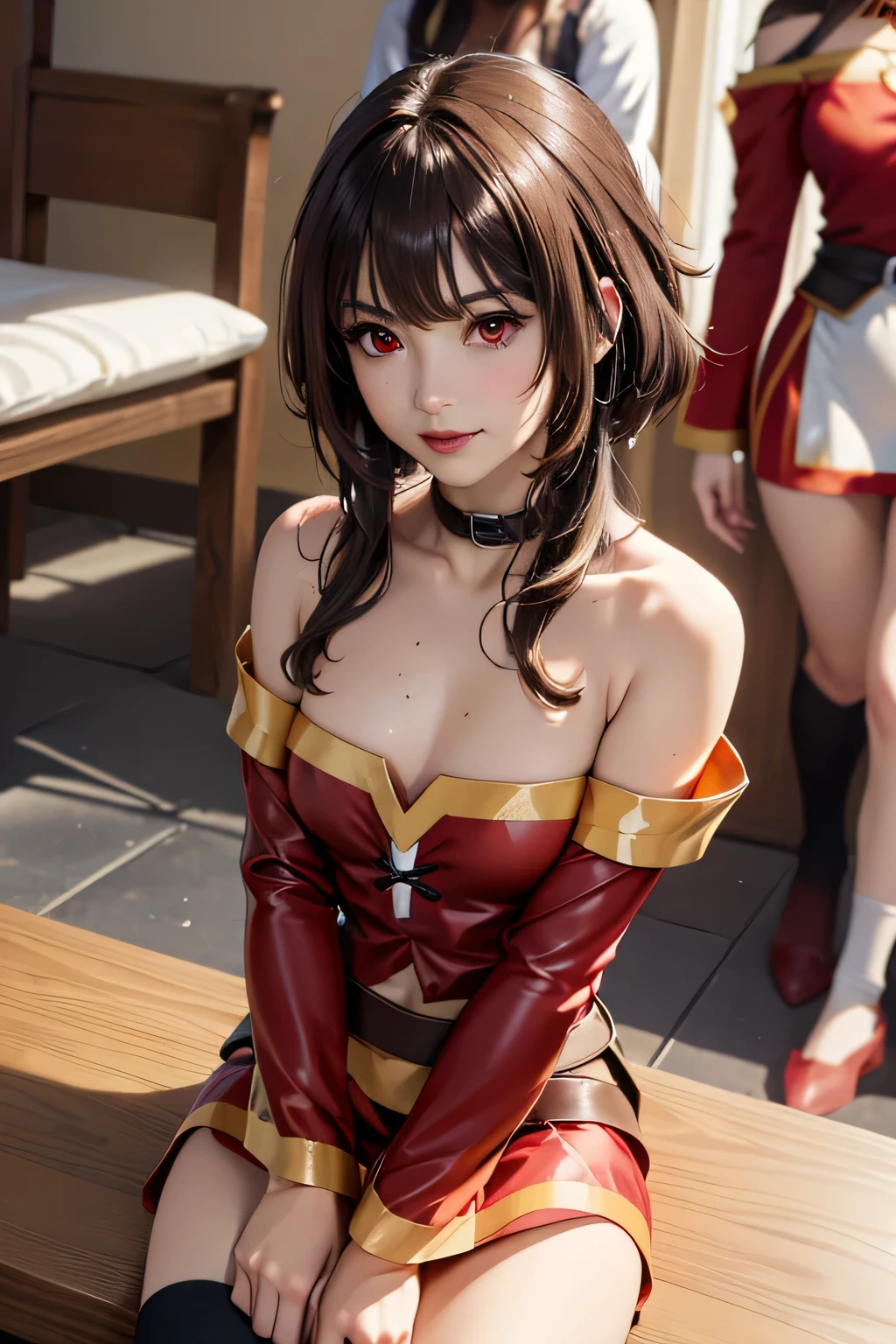 ((ultra quality)), ((Masterpiece)), ((8K)), ((Megumin)), ((brown hair)), (Beautiful face), (), charming, ((curious facial expression)), looks at the camera with a slight smile, eyes closed a little, (Skin color white), (White skin), glare on the body, ((detailed beautiful female eyes)), ((Red eyes)), (beautiful female lips), (dark eyeliner), (beautiful female hands), ((Ideal female figure)), Ideal female body, beautiful waist, beautiful hips, small breasts, (cloth: Megumin costume), ((subtle and beautiful)), sits seductively (), background: fantasy guild of heroes, ((depth of field)), ((high quality clear image)), (clear details), ((High detail)), realistically, ((Clear Focus)), anime.