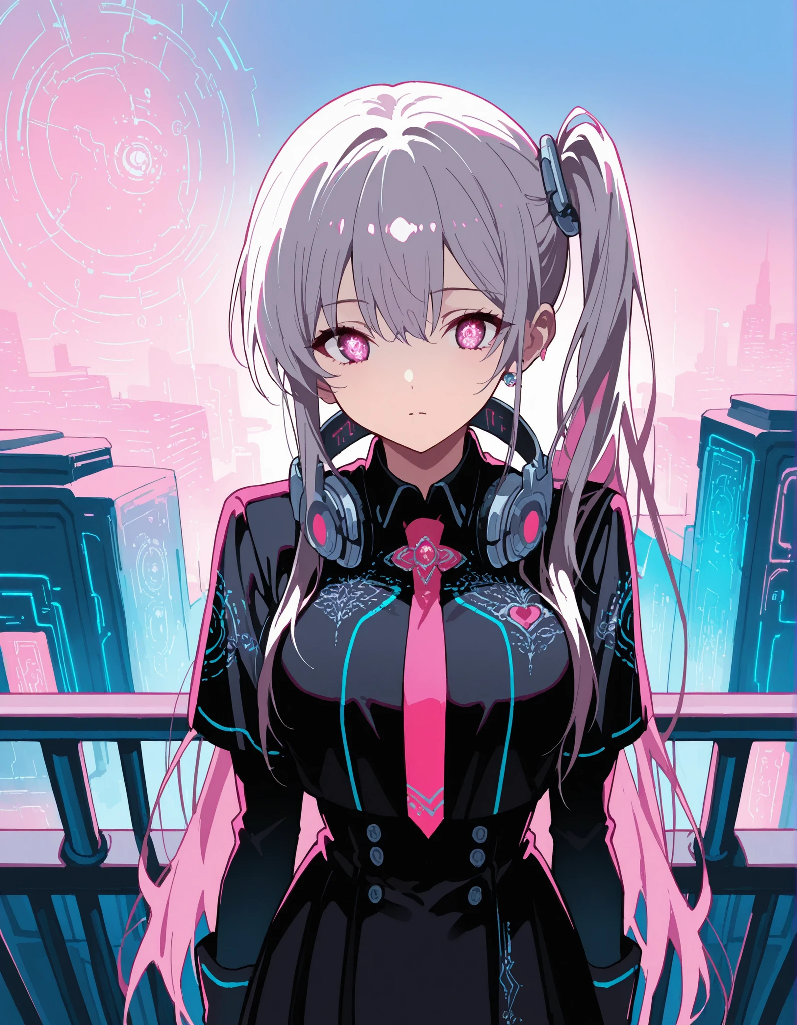 score_9,score_8_up,score_7_up, 1girl, 17 years old, beautiful woman, beautiful face
BREAK
A teenage girl leaning against a rooftop railing at dusk, her silhouette outlined by the fading sun and distant neon glow. Her near-future uniform features layered dark fabrics with silver piping and soft pink circuitry embroidery. Her hair is dyed in a striking pink-to-sky-blue gradient, tied into a loose side ponytail that falls over her shoulder. A pair of large black and silver headphones hangs around her neck, reflecting a faint glint of city light. She wears subtle pink and silver mechanical accessories: an ear cuff shaped like circuitry and thin wristbands that softly pulse with light. Her gaze is slightly downcast, and her digital eyes shimmer with delicate heart-shaped motifs overlaid with circuits, hinting at unspoken emotions. Captured in a cinematic close-up, the composition emphasizes the soft wind in her hair, the texture of her uniform, and the shadowy ambiance that surrounds her.,