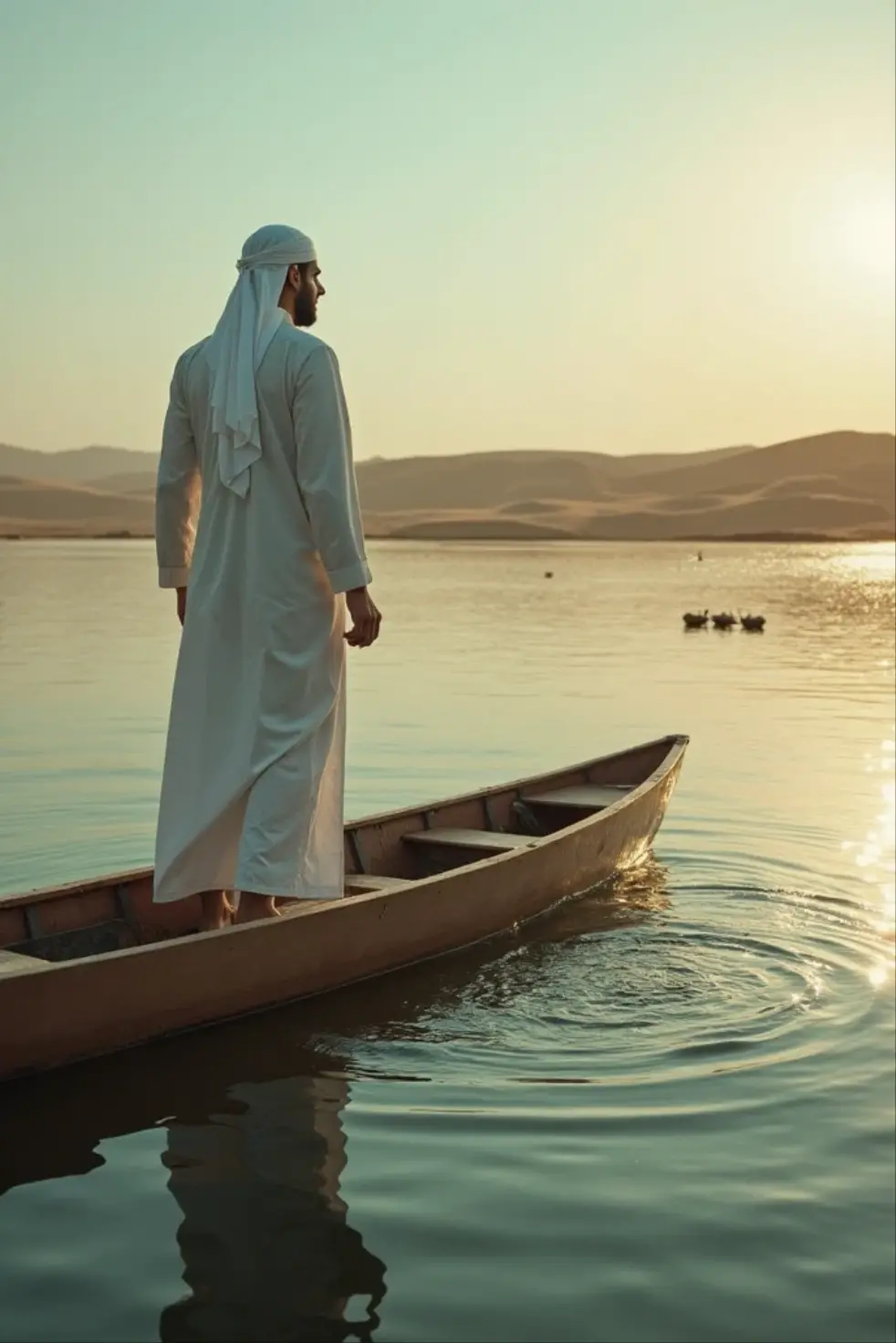 (photorealism:1.2), young arabian fisherman, standing in the sea, the water is covering his feet only, wearing fishing costume, holding a fishing rod with penn spinfisher reel, looking at the camera, smiling and thinking about something, enjoying the sun, sun lighting, Jeddah sky scrappers in background, realistic, intricate details