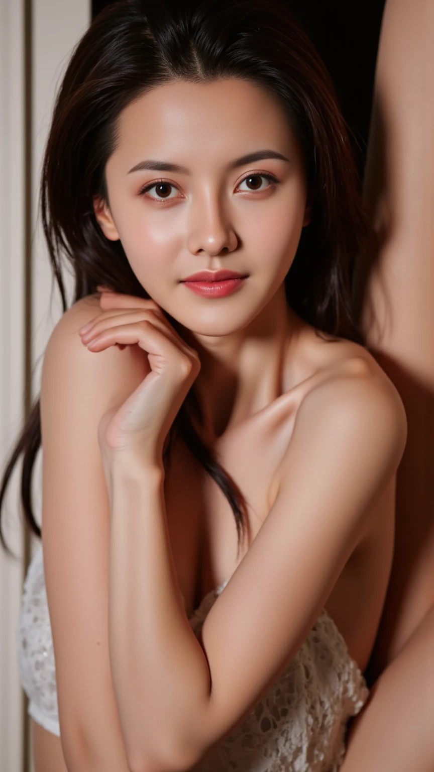 Create a (((mid-shot))) photorealistic image of a beautiful Asian woman with fair, smooth, flawless skin. She has large, round, sparkling eyes with naturally long and curled eyelashes, and well-defined, dark eyebrows. Her nose is straight and high, and her naturally pink, soft lips form a gentle smile. She has short, slightly curled brown hair that highlights her delicate facial features. Her face is oval-shaped, with a wide and high forehead, moderately high cheekbones, and a pointed, slender chin. She is wearing a light grey bra that complements her elegant and feminine appearance.