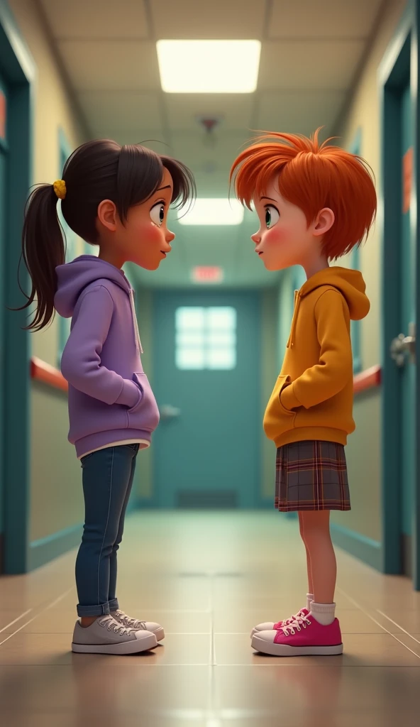 The photo shows an 18 year old girl, black hair, Dora bangs, brown eyes and white skin and an 1 boy, straight blond brown hair, yeux turquoise et peau blanche entrain de s'assoir sur un banc devant la porte du bureau du principal qui se trouve dehors et devant se trouve une jeune fille de 18 ans, can mixed, curly hair and blue eyes looking at them discreetly trying to hide with sadness. This image is in pixar version but 2D.