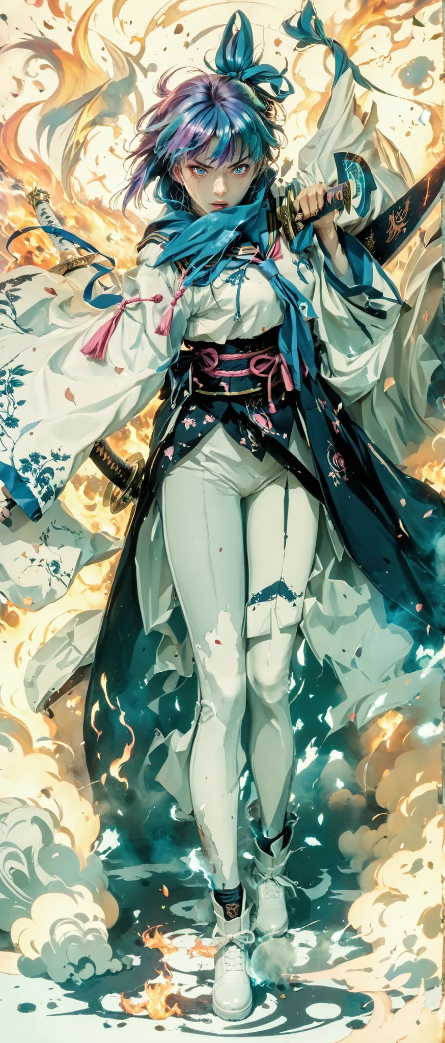 A black and pink high school girl wearing a sailor uniform、Anime girl with a sword, Burning, art style illustration, clean and detailed anime art, inspired by Kano Hogai, she has a sword, Samurai Sword Pulling Out a Sword, Flat anime style , Fate/Stay Night, beautiful anime art style, Anime Painter Studio