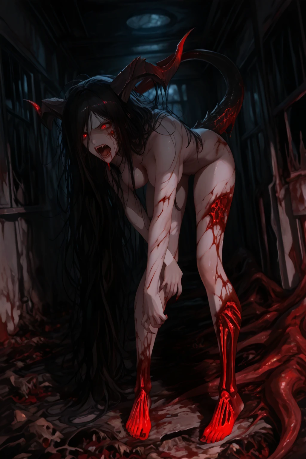 A skinny nude girl is parasitic. Parasites are parasitic her. Chrysalis is under her skin, Ugly holes are on her skin, Decayed eyes, Scratched body, Teared skin, Morbid face, Bleeding Wounds, Bloody Scars, Cracked limbs, Parasite, Be parasitic, Infection, Larva, Maggot, Fleshy, Grotesque, Perfect quality, Ultra detailed