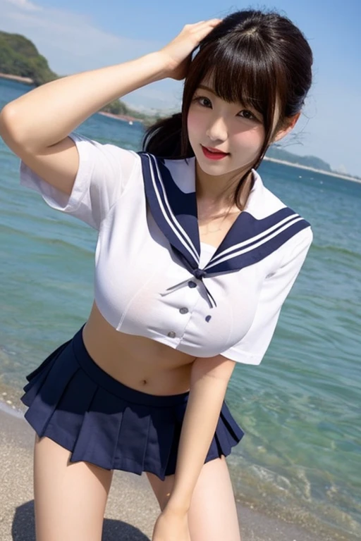 ((highest quality、master piece:1.3))、20year old 1、A beautiful girl who emphasizes her slender abdominal muscles:1.3、((casual hairstyle、huge breasts:1.2、constricted waist、transparent nipples、see-through clothing、view from below))、wet string clothes:1.2、super detailed face、detailed eyes、double eyelid、naked、full body portrait、sexy sailor bikini、((bend one's body、naked、Narrow waist、big boobs))、wet body、((short bob cut、naked、cover one's private parts with one's hands、tropical resort、Beautiful woman、see-through sailor bikini、open legs、show private parts))、hide private parts with a thong、Beautiful woman、nipples are visible、view from below