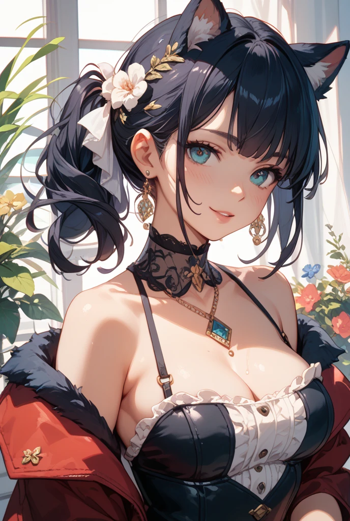 (masterpiece), best quality, expressive eyes, perfect face, toned body, smile, large breasts, cleavage,