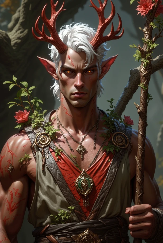 Create a male half-elf druid character, with white hair and golden eyes, on your skin the marks of the elements of nature.
Leave your hair shorter and wavier, less serious and slightly uglier face