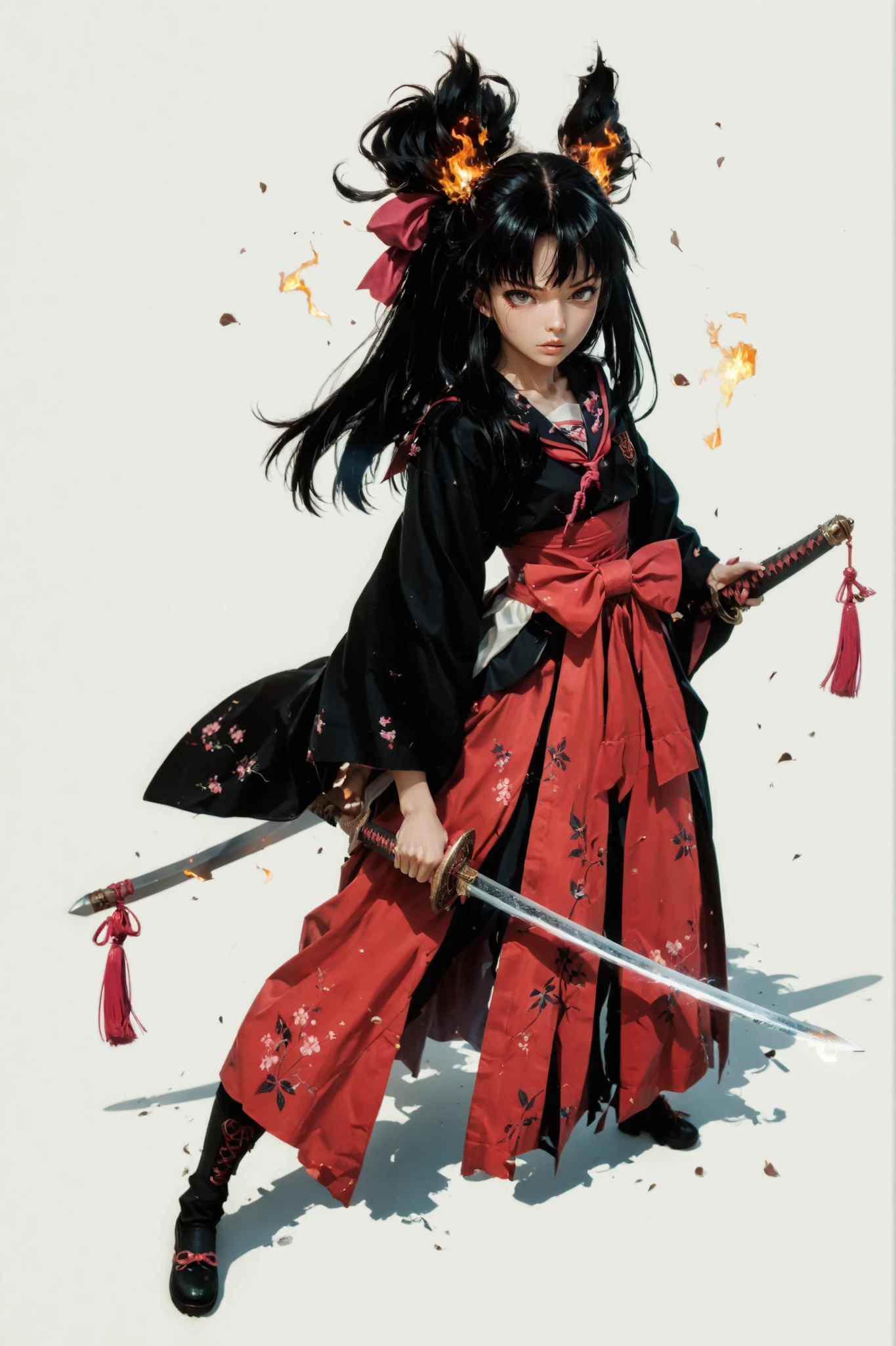 A black and pink high school girl wearing a sailor uniform、Anime girl with a sword, Burning, art style illustration, clean and detailed anime art, inspired by Kano Hogai, she has a sword, Samurai Sword Pulling Out a Sword, Flat anime style , Fate/Stay Night, beautiful anime art style, Anime Painter Studio