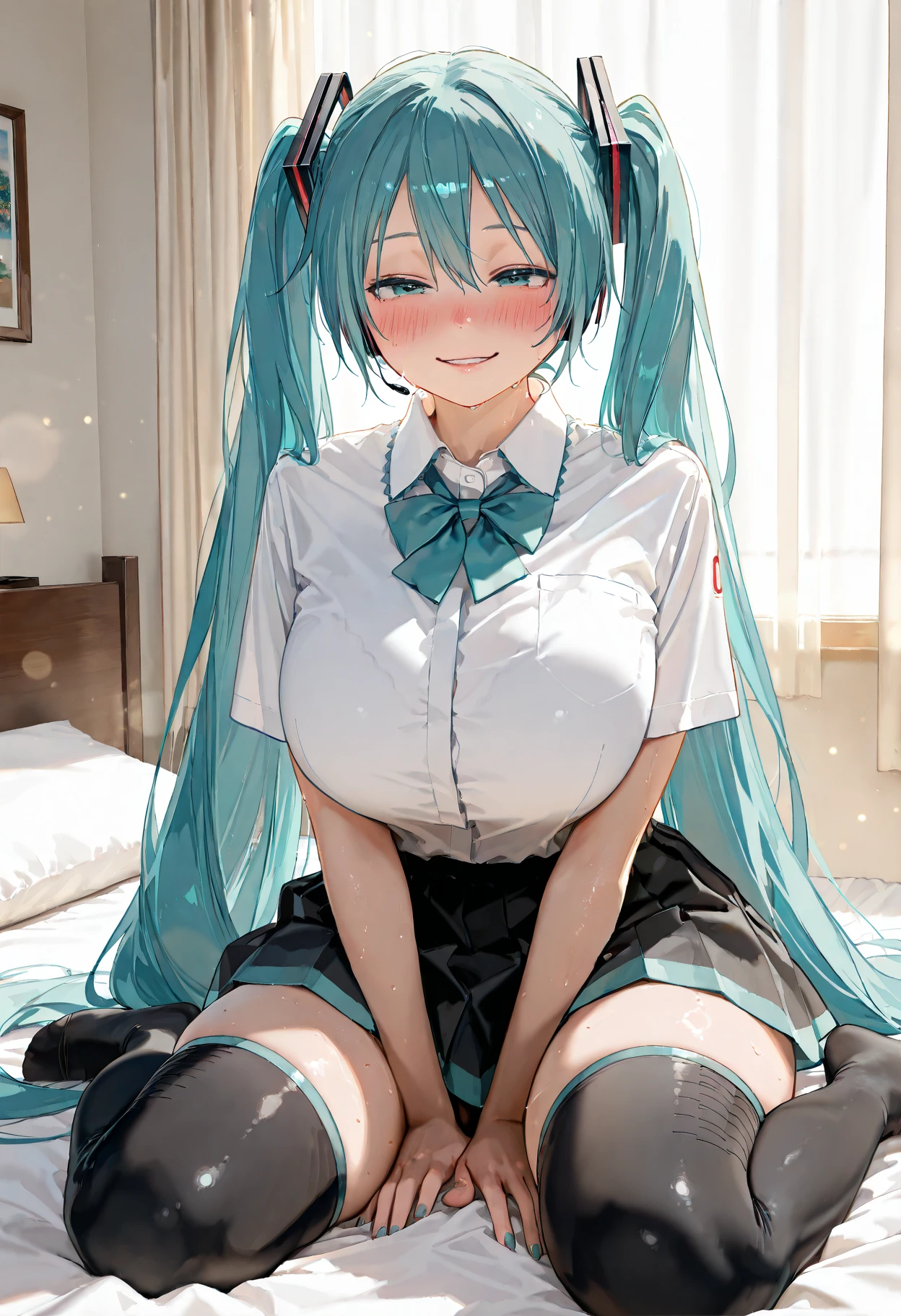 Young Hatsune Miku、girl、独奏、blush、(Huge breasts:1.2)、girl、Kindergarteners、、6 years old、、、be happy、Spread your legs、Striped panties、Long skirt、Long sleeve、Colorful uniforms、Clothes are see-through