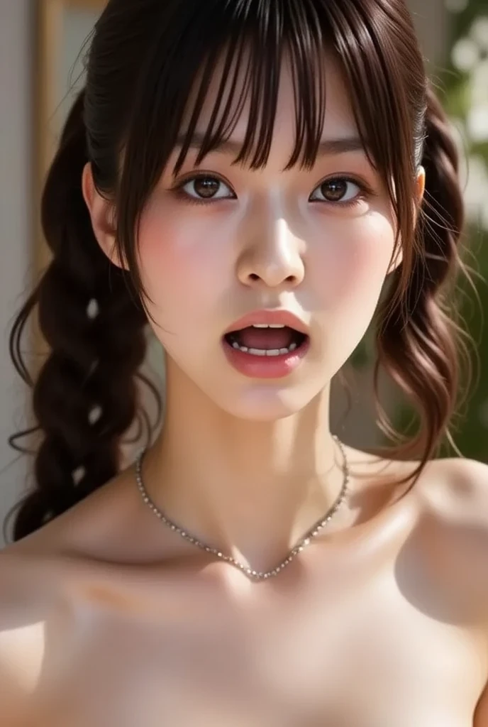 Succubus character, Realistic, Abyss scene, Very beautiful face, Red glowing eyes, Pink long hair, Sexy Body, Large Breasts, , Detailed skin, Sensual lighting,((( She is being made to cum)))