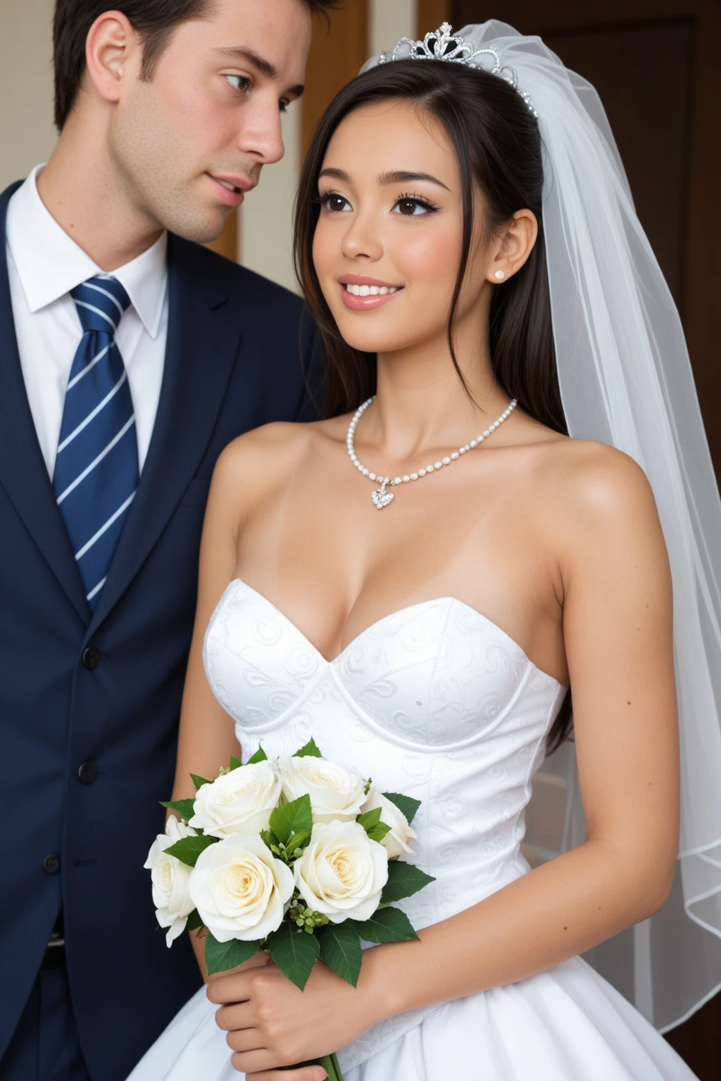 Fashion model 20 years old [[[[closeup cleavage]]]], [[[[boobgasm]]]], [[[[coll]]]], [[[[bshoulders]]]], perfect  eyes, Perfect iris，perfect lips，perfect teeth，Perfect skin，Soft front light，HDR，A couple，wedding gown，Masculine man in suit，Gentle lady wearing wedding dress，The girl has a slender face；（pastel colour：1.2）