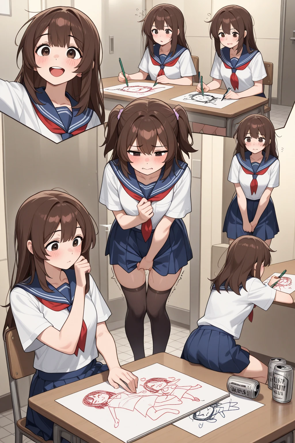 classroom, sit astride, girl on top, very long twin tails, brown hair, ((Completely naked)),Crab crotch, Extensive_feet